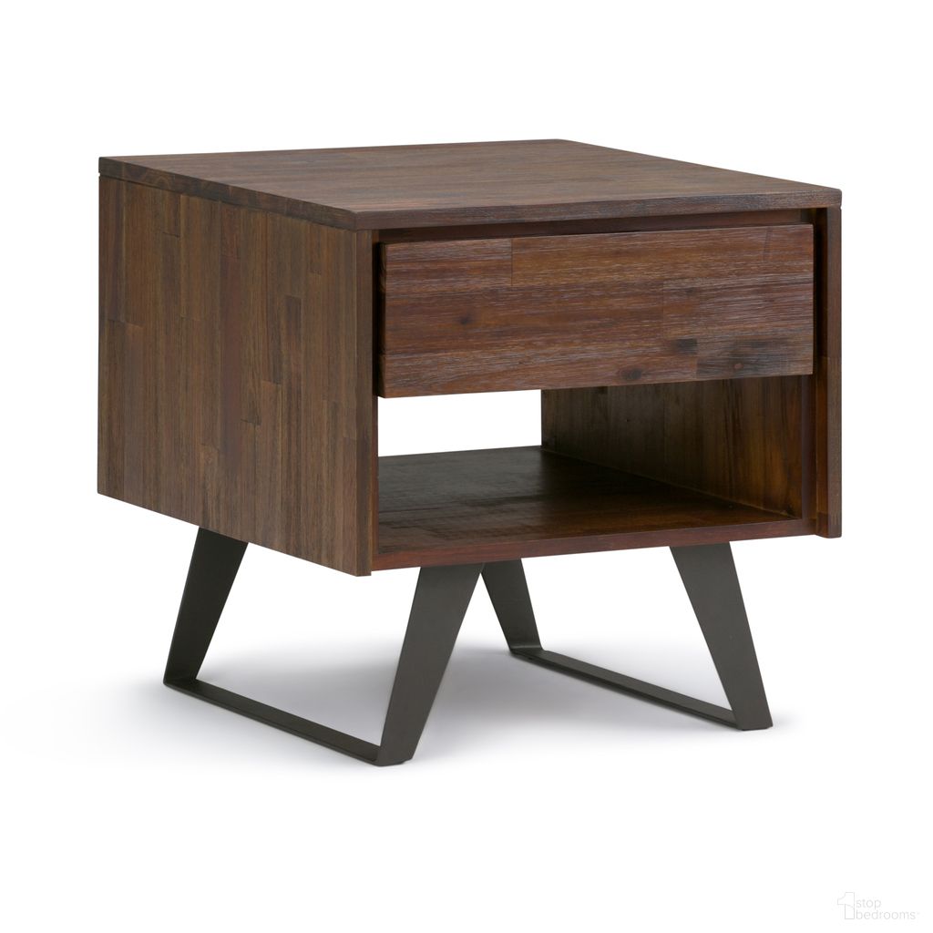 The appearance of Lowry Solid Acacia Wood End Table In Distressed Charcoal Brown designed by Simpli Home in the modern / contemporary interior design. This distressed charcoal brown piece of furniture was selected by 1StopBedrooms from Lowry Collection to add a touch of cosiness and style into your home. Sku: AXCLRY-02. Material: Acacia.