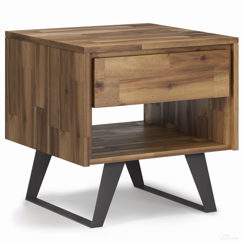 The appearance of Lowry Solid Acacia Wood End Table In Distressed Golden Wheat designed by Simpli Home in the modern / contemporary interior design. This distressed golden wheat piece of furniture was selected by 1StopBedrooms from Lowry Collection to add a touch of cosiness and style into your home. Sku: AXCLRY-02-DGW. Material: Acacia.