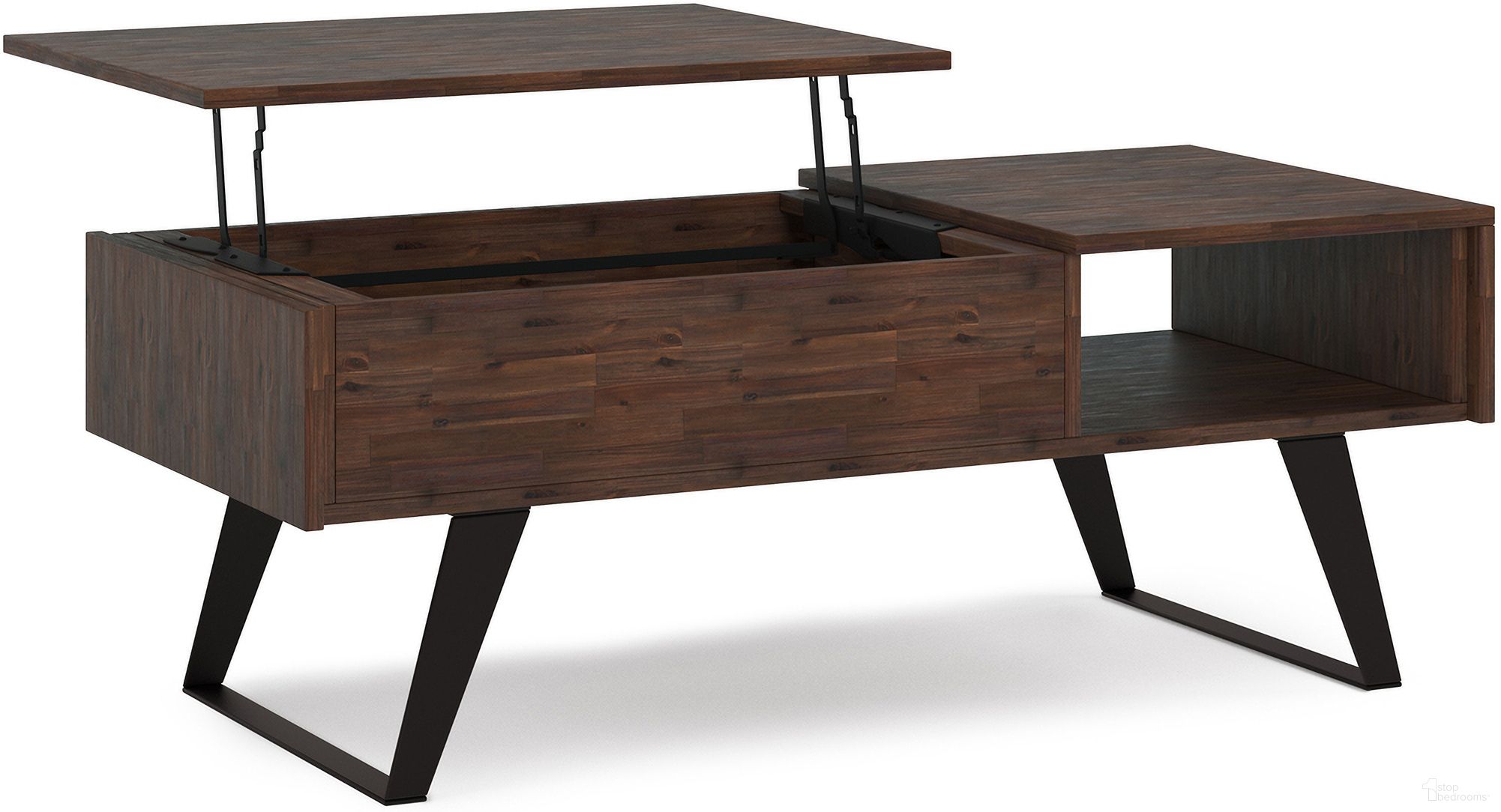 The appearance of Lowry Solid Acacia Wood Lift Top Coffee Table In Distressed Charcoal Brown designed by Simpli Home in the modern / contemporary interior design. This distressed charcoal brown piece of furniture was selected by 1StopBedrooms from Lowry Collection to add a touch of cosiness and style into your home. Sku: AXCLRY-01A-DCB. Material: Acacia.