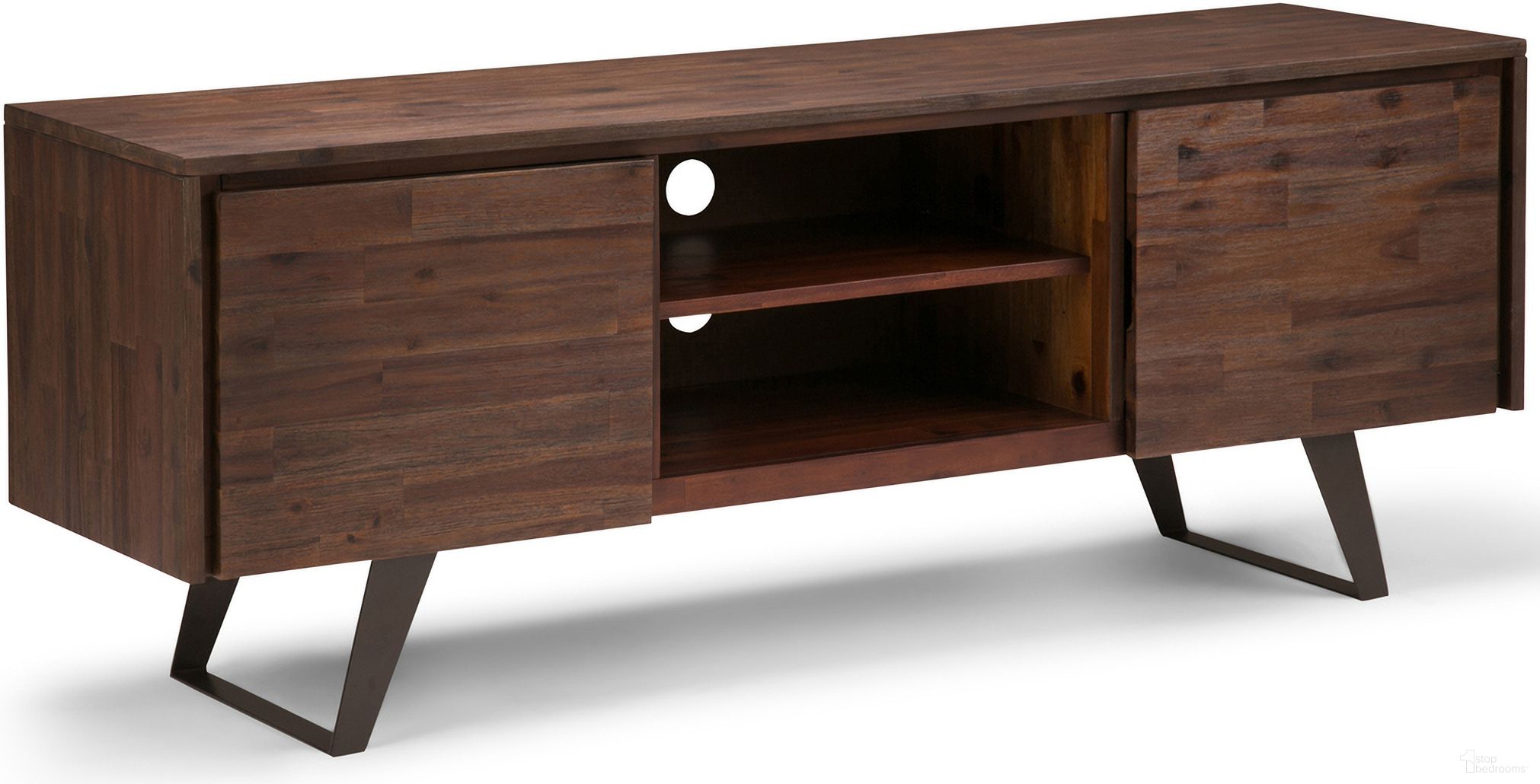 The appearance of Lowry Solid Acacia Wood TV Media Stand In Distressed Charcoal Brown designed by Simpli Home in the modern / contemporary interior design. This distressed charcoal brown piece of furniture was selected by 1StopBedrooms from Lowry Collection to add a touch of cosiness and style into your home. Sku: AXCLRY-08. Material: Acacia.