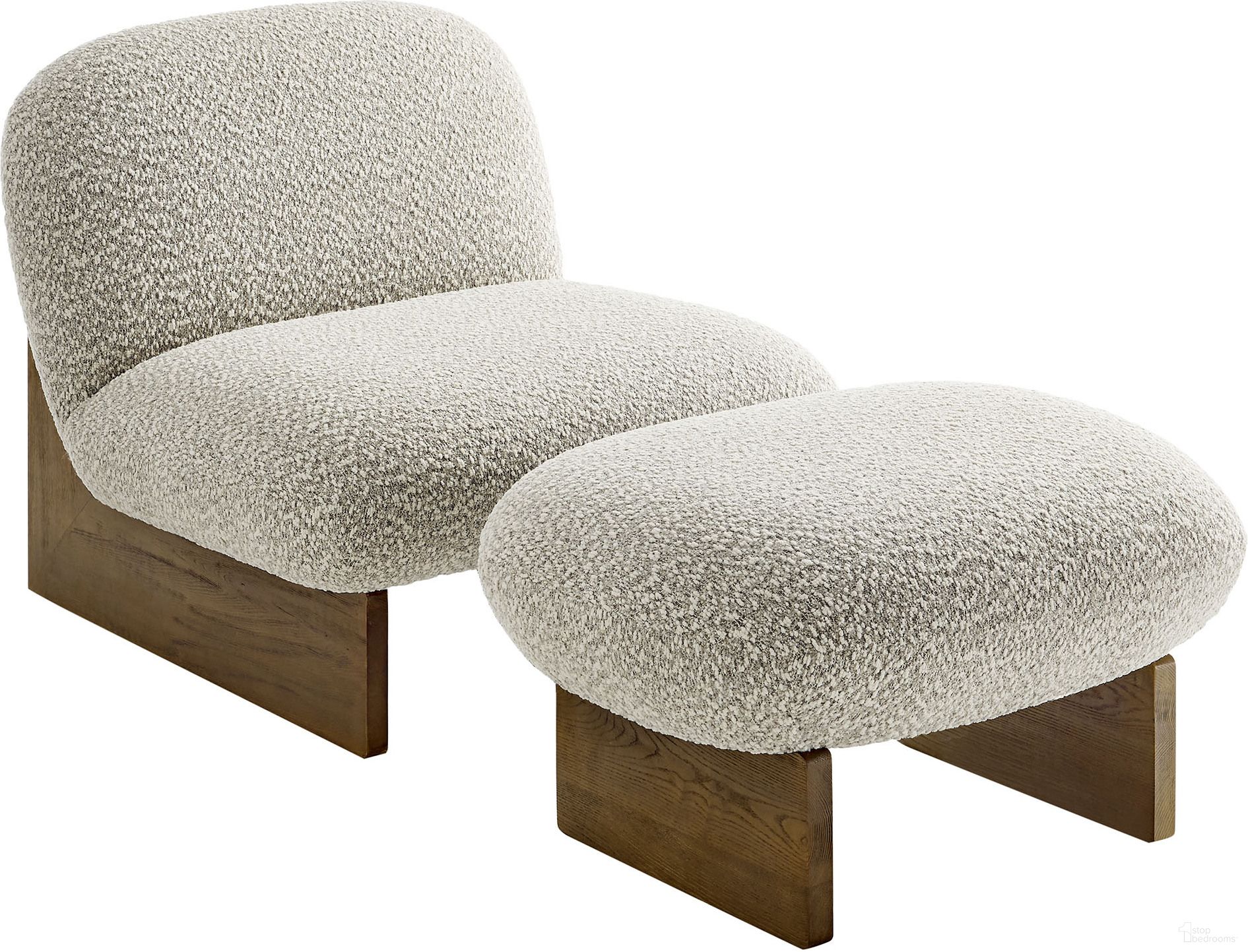 Loyal Boucle Fabric Accent Chair and Ottoman Set In River Rock and Walnut