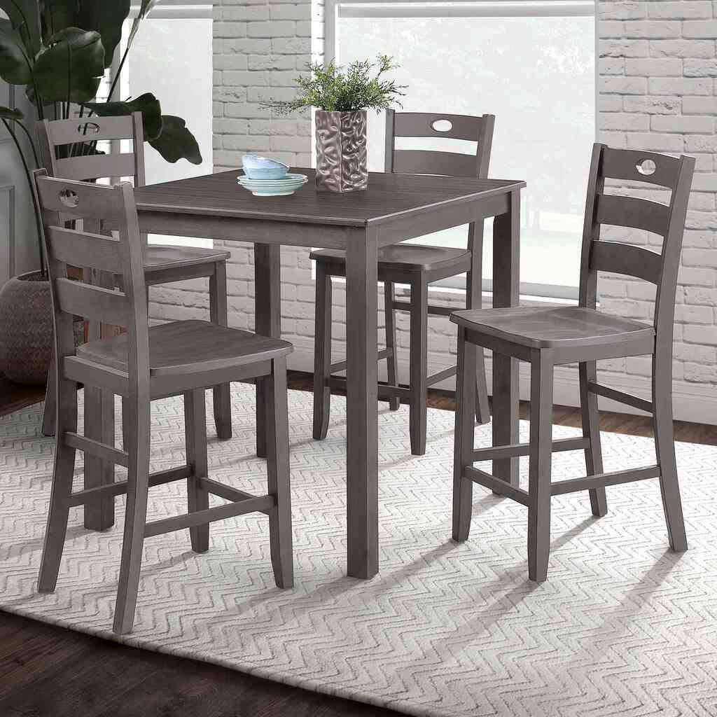The appearance of Lubbock 5 Piece Counter Height Table Set In Gray designed by Furniture of America in the transitional interior design. This gray piece of furniture was selected by 1StopBedrooms from Lubbock Collection to add a touch of cosiness and style into your home. Sku: FM3419GY-PT-5PK. Table Base Style: Legs. Table Top Shape: Square. Material: Solid Rubberwood.