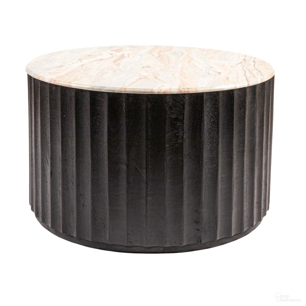 The appearance of Luca Round Mango Wood Fluted End Table with Marble Top In Black designed by Rowena Interiors in the modern / contemporary interior design. This black piece of furniture  was selected by 1StopBedrooms from Luca Collection to add a touch of cosiness and style into your home. Sku: EC2064. Material: Wood.