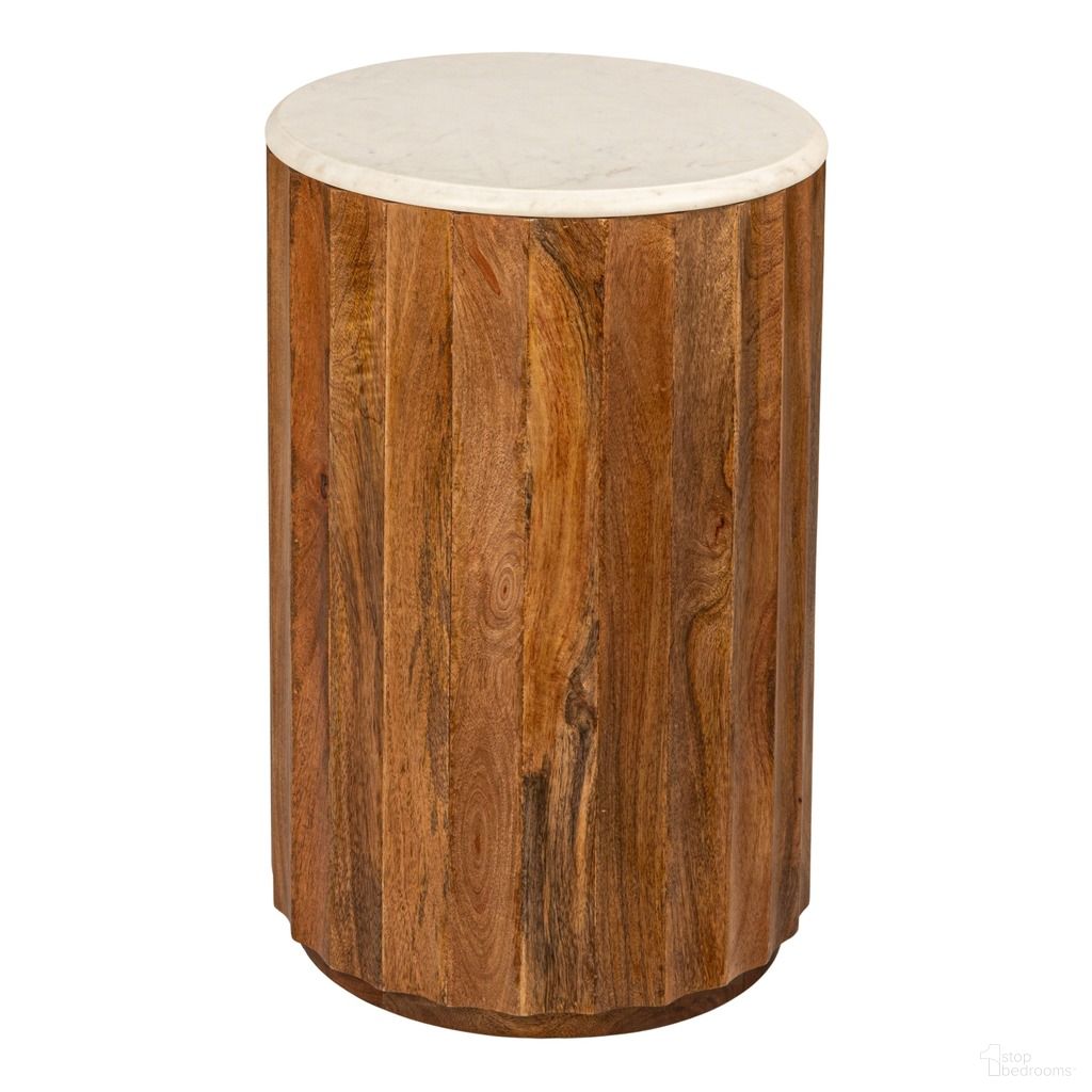 The appearance of Luca Round Mango Wood Fluted End Table with Marble Top In Walnut designed by Rowena Interiors in the modern / contemporary interior design. This walnut piece of furniture  was selected by 1StopBedrooms from Luca Collection to add a touch of cosiness and style into your home. Sku: EC2058. Material: Wood.