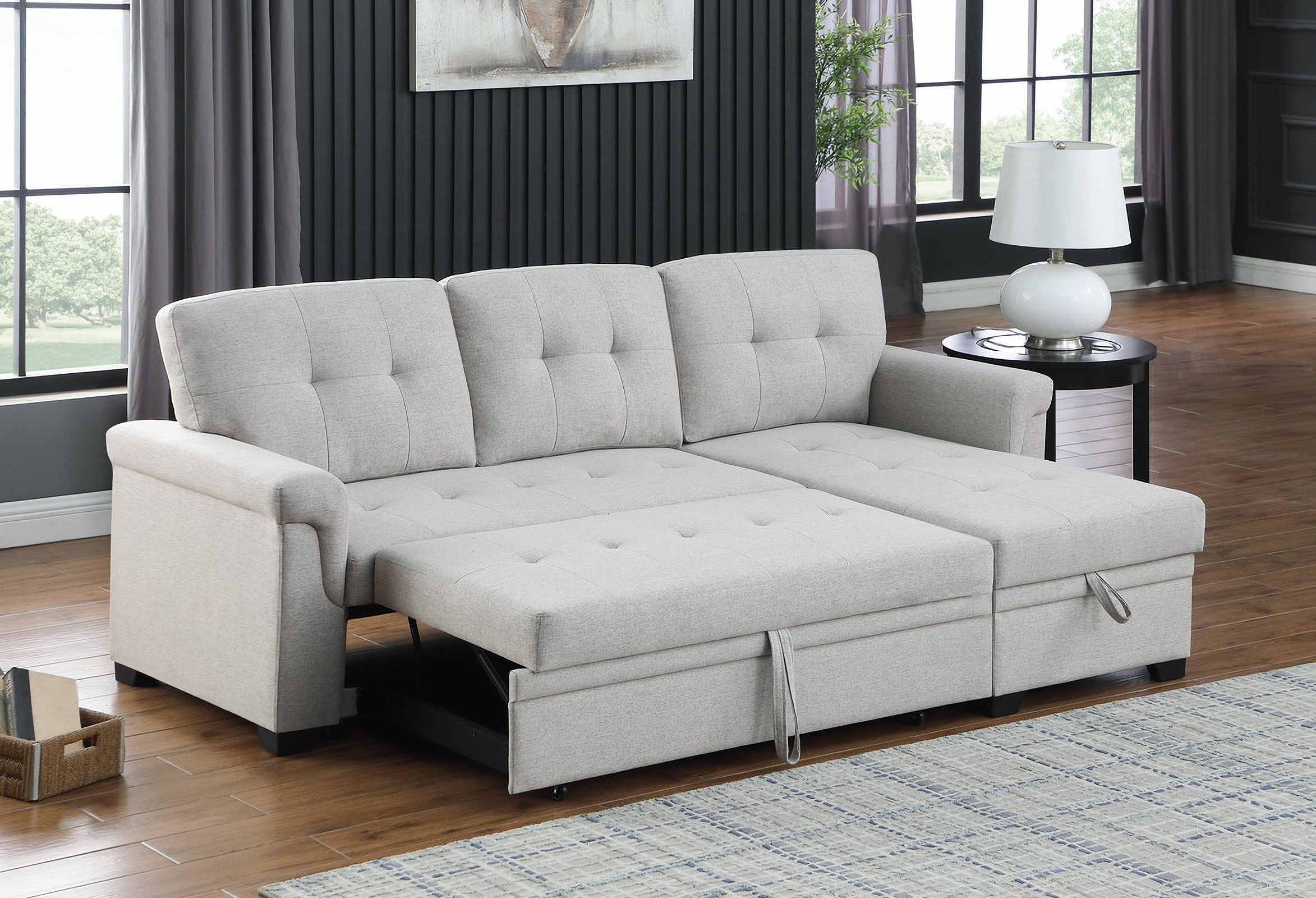 The appearance of Lucca 84 Inch Linen Reversible Sleeper Sectional Sofa with Storage Chaise In Light Gray designed by Lilola Home in the modern / contemporary interior design. This light gray piece of furniture was selected by 1StopBedrooms from Lucca Collection to add a touch of cosiness and style into your home. Sku: 81340-L-1;81340-C-2;81340-A-3. Material: Wood. Layout: Sofa & Chaise.