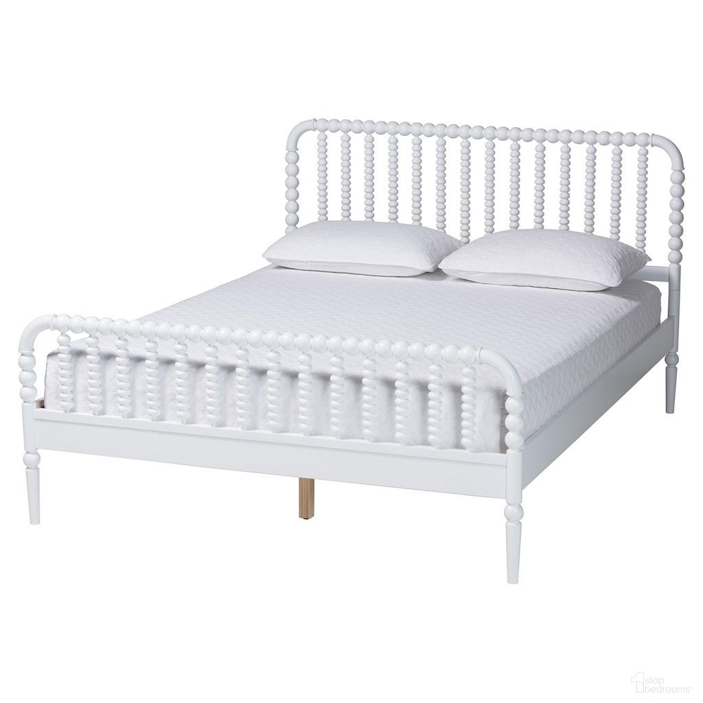 The appearance of Lucera Bobbin Queen Platform Bed In White designed by Baxton Studio in the transitional interior design. This white piece of furniture  was selected by 1StopBedrooms from Lucera Collection to add a touch of cosiness and style into your home. Sku: MG0110-4-White-Queen. Bed Type: Platform Bed. Bed Size: Queen. Material: Solid Rubberwood.