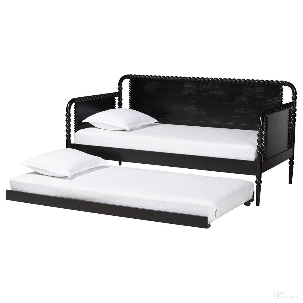 The appearance of Lucera Bobbin Twin Daybed with Rolling Trundle In Black designed by Baxton Studio in the traditional interior design. This black piece of furniture was selected by 1StopBedrooms from Lucera Collection to add a touch of cosiness and style into your home. Sku: MG0110-4-Black-Daybed/T. Bed Type: Daybed. Bed Size: Twin. Material: Solid Rubberwood.