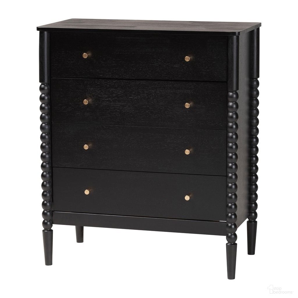 The appearance of Lucera Bobbin Wood Chest with Four Drawers In Black designed by Baxton Studio in the transitional interior design. This black piece of furniture was selected by 1StopBedrooms from Lucera Collection to add a touch of cosiness and style into your home. Sku: MG9011-Black-4DW-Chest. Material: Solid Rubberwood.