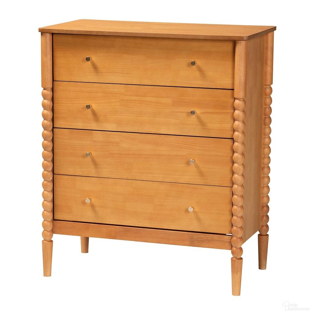 The appearance of Lucera Bobbin Wood Chest with Four Drawers In Oak Brown designed by Baxton Studio in the transitional interior design. This oak brown piece of furniture  was selected by 1StopBedrooms from Lucera Collection to add a touch of cosiness and style into your home. Sku: MG9011-NT Oak-4DW-Chest. Material: Solid Rubberwood.