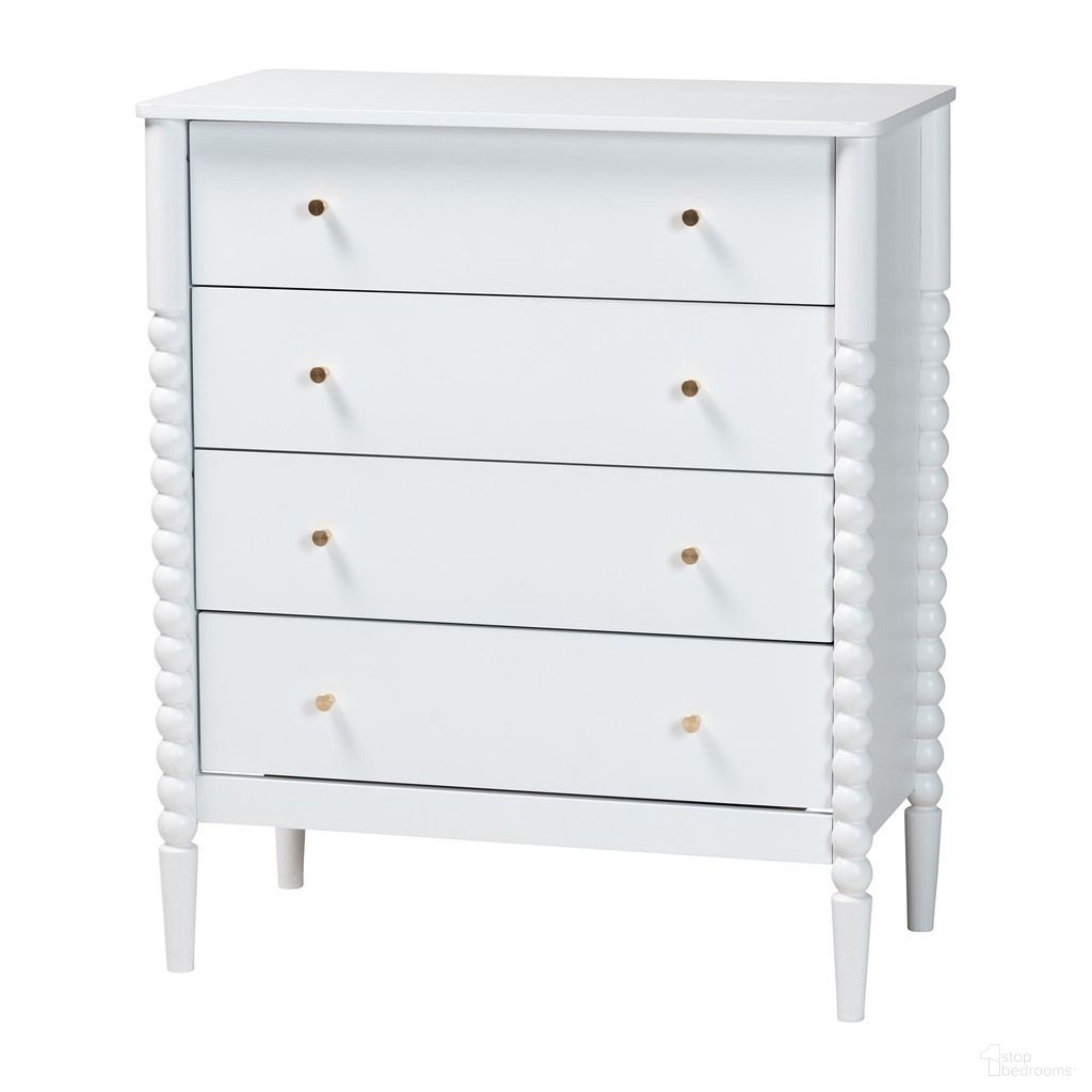 The appearance of Lucera Bobbin Wood Chest with Four Drawers In White designed by Baxton Studio in the transitional interior design. This white piece of furniture was selected by 1StopBedrooms from Lucera Collection to add a touch of cosiness and style into your home. Sku: MG9011-White-4DW-Chest. Material: Solid Rubberwood.