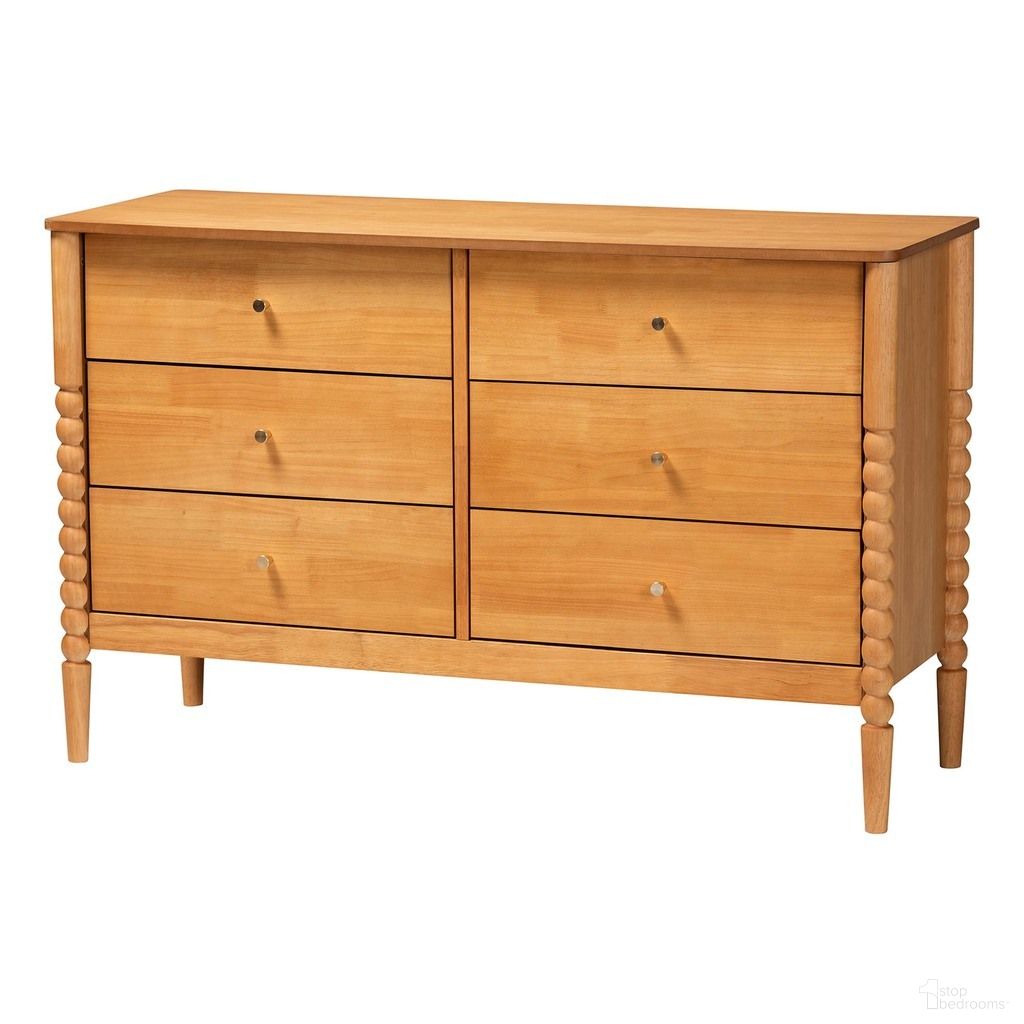 The appearance of Lucera Bobbin Wood Dresser with Six Drawers In Oak Brown designed by Baxton Studio in the transitional interior design. This oak brown piece of furniture was selected by 1StopBedrooms from Lucera Collection to add a touch of cosiness and style into your home. Sku: MG9011-NT Oak-6DW-Dresser. Material: Solid Rubberwood.