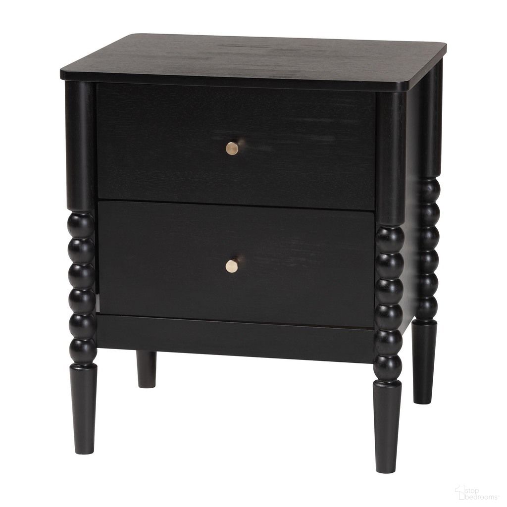 The appearance of Lucera Bobbin Wood Nightstand with Two Drawers In Black designed by Baxton Studio in the transitional interior design. This black piece of furniture was selected by 1StopBedrooms from Lucera Collection to add a touch of cosiness and style into your home. Sku: MG9011-Black-2DW-NS. Material: Solid Rubberwood.