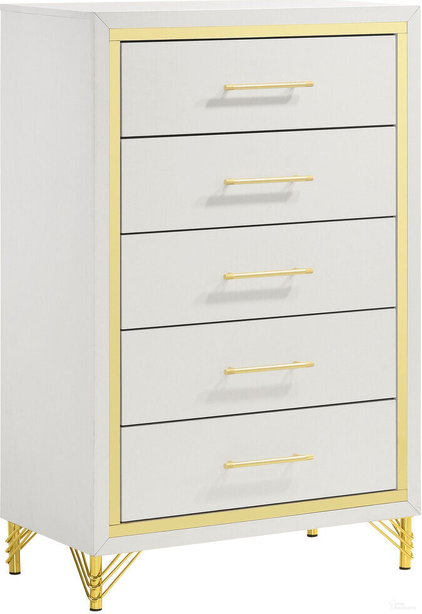 The appearance of Lucia 5-drawer Bedroom Chest White designed by Coaster in the glam interior design. This white piece of furniture was selected by 1StopBedrooms from Lucia Collection to add a touch of cosiness and style into your home. Sku: 224735. Material: Wood.