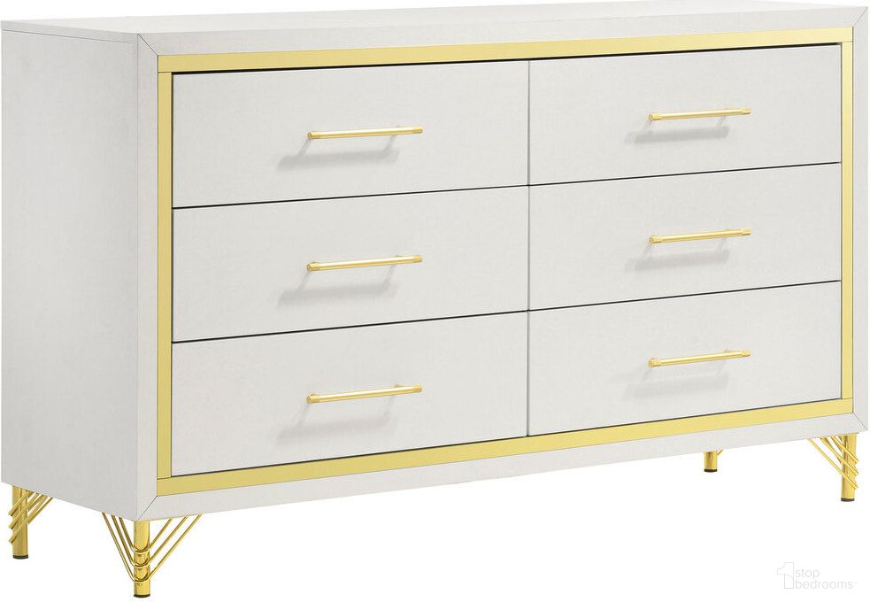 The appearance of Lucia 6-drawer Bedroom Dresser White designed by Coaster in the glam interior design. This white piece of furniture was selected by 1StopBedrooms from Lucia Collection to add a touch of cosiness and style into your home. Sku: 224733. Material: Wood.