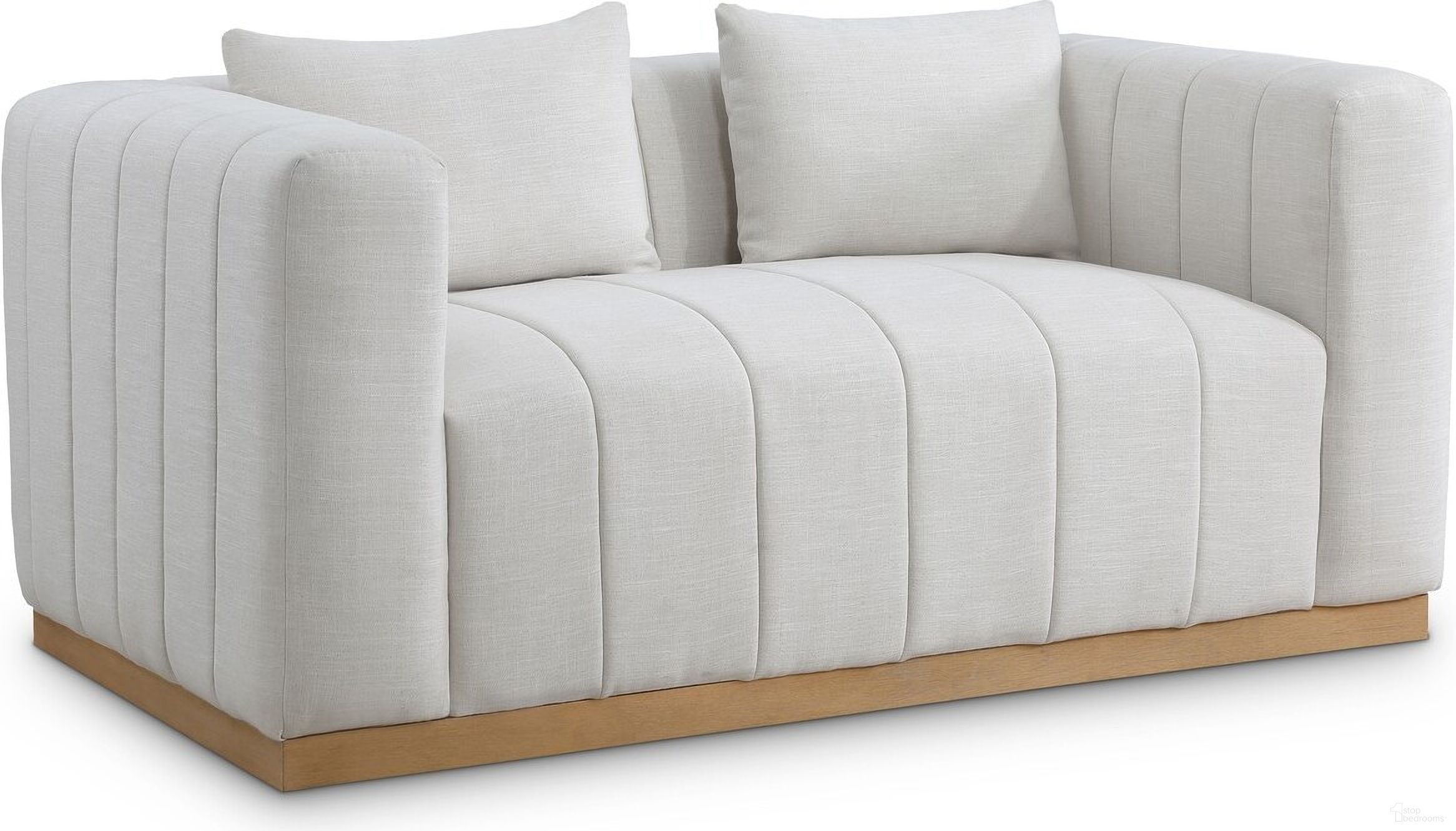 The appearance of Lucia Linen Textured Fabric Loveseat In Cream designed by Meridian in the modern / contemporary interior design. This cream piece of furniture  was selected by 1StopBedrooms from Lucia Collection to add a touch of cosiness and style into your home. Sku: 655Cream-L. Material: Rubberwood.