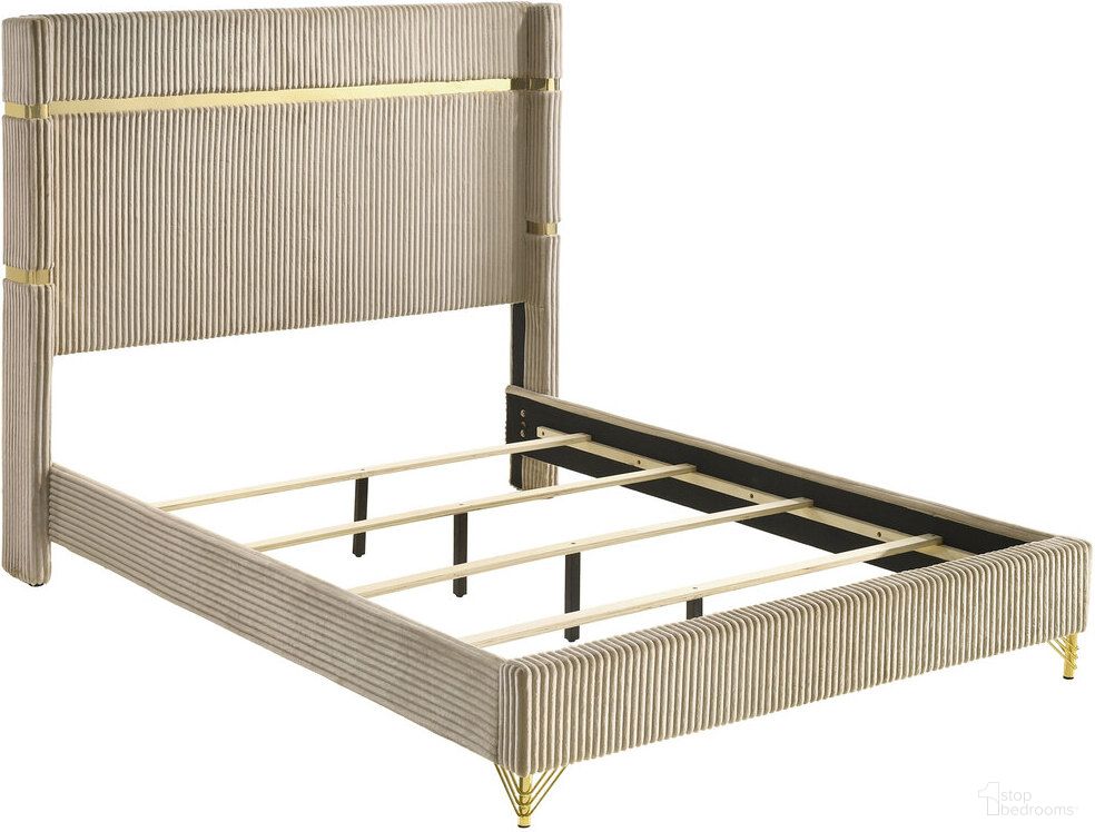 The appearance of Lucia Upholstered Eastern King Wingback Panel Bed Beige designed by Coaster in the glam interior design. This beige piece of furniture was selected by 1StopBedrooms from Lucia Collection to add a touch of cosiness and style into your home. Sku: 224731KEB1;224731KEB2. Bed Type: Panel Bed. Material: Upholstered. Bed Size: King.