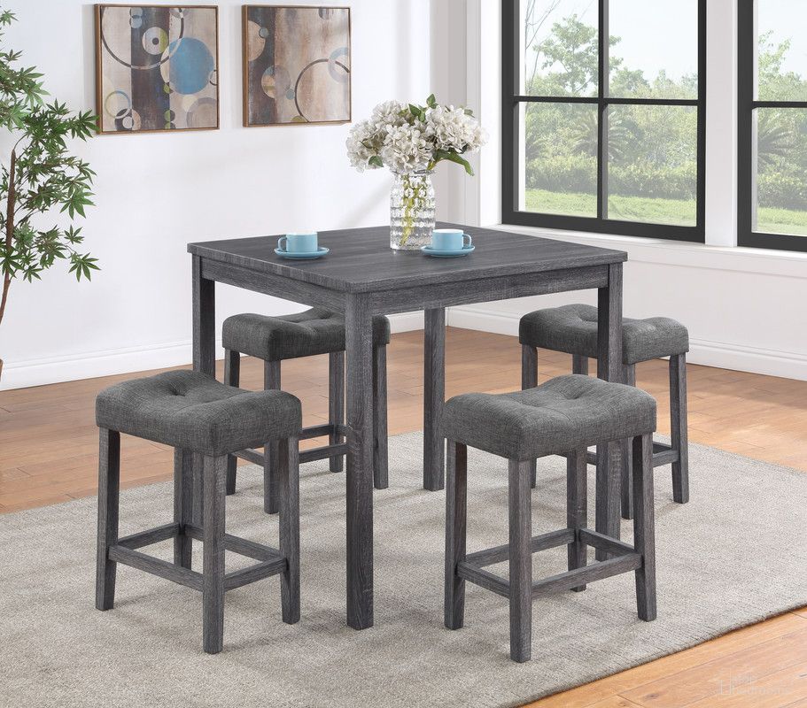 Lucian 5 Piece Counter Height 36 Inch Pub Table Set with Tufted Linen Stools In Gray