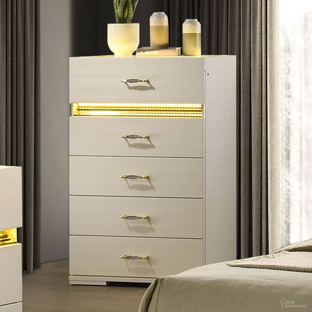 The appearance of Lucida Chest with LED In Beige designed by Furniture of America in the modern / contemporary interior design. This beige piece of furniture was selected by 1StopBedrooms from Lucida Collection to add a touch of cosiness and style into your home. Sku: FM72015BG-C. Material: Rubberwood.