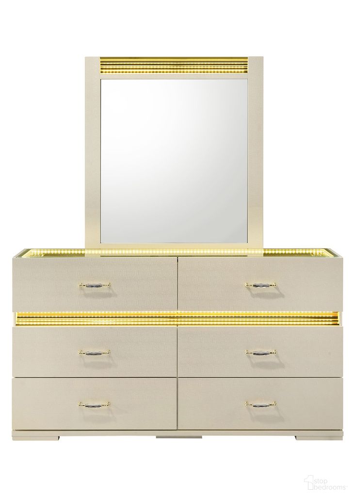 The appearance of Lucida Dresser with LED In Beige designed by Furniture of America in the modern / contemporary interior design. This beige piece of furniture  was selected by 1StopBedrooms from Lucida Collection to add a touch of cosiness and style into your home. Sku: FM72015BG-D. Material: Rubberwood.