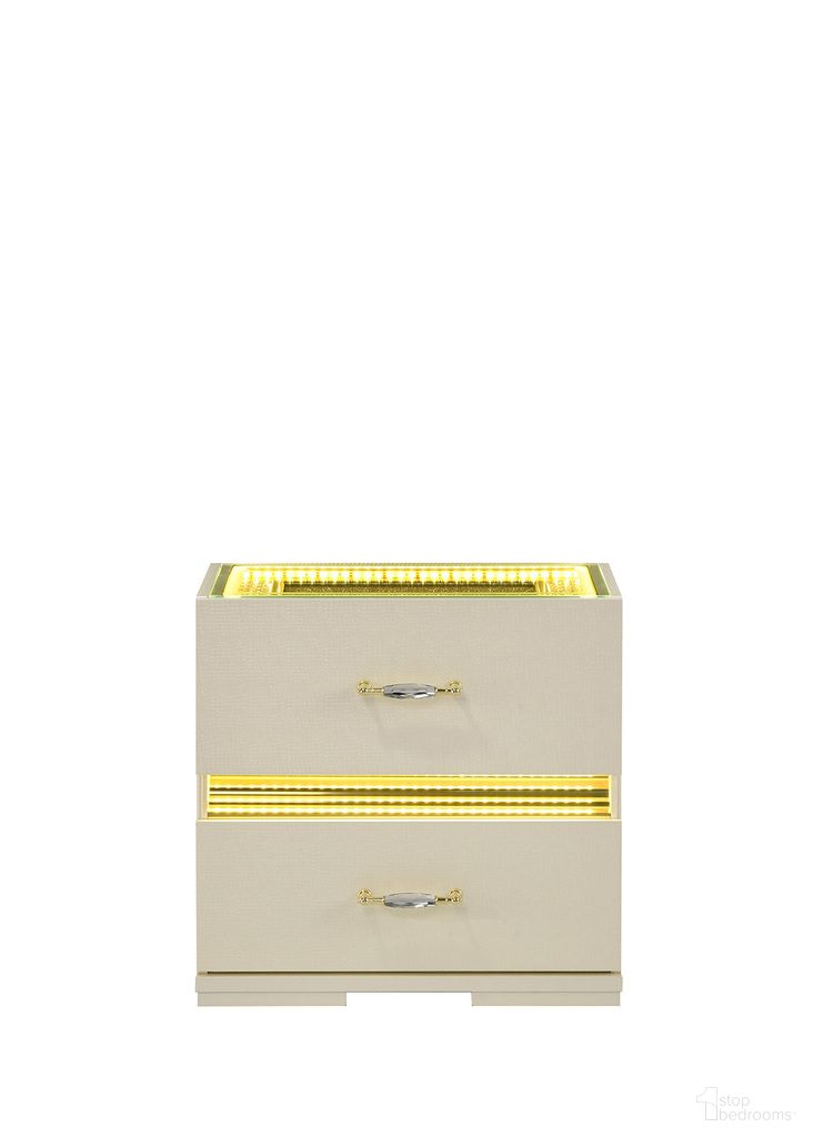 The appearance of Lucida Nightstand with LED In Beige designed by Furniture of America in the modern / contemporary interior design. This beige piece of furniture was selected by 1StopBedrooms from Lucida Collection to add a touch of cosiness and style into your home. Sku: FM72015BG-N. Material: Rubberwood.