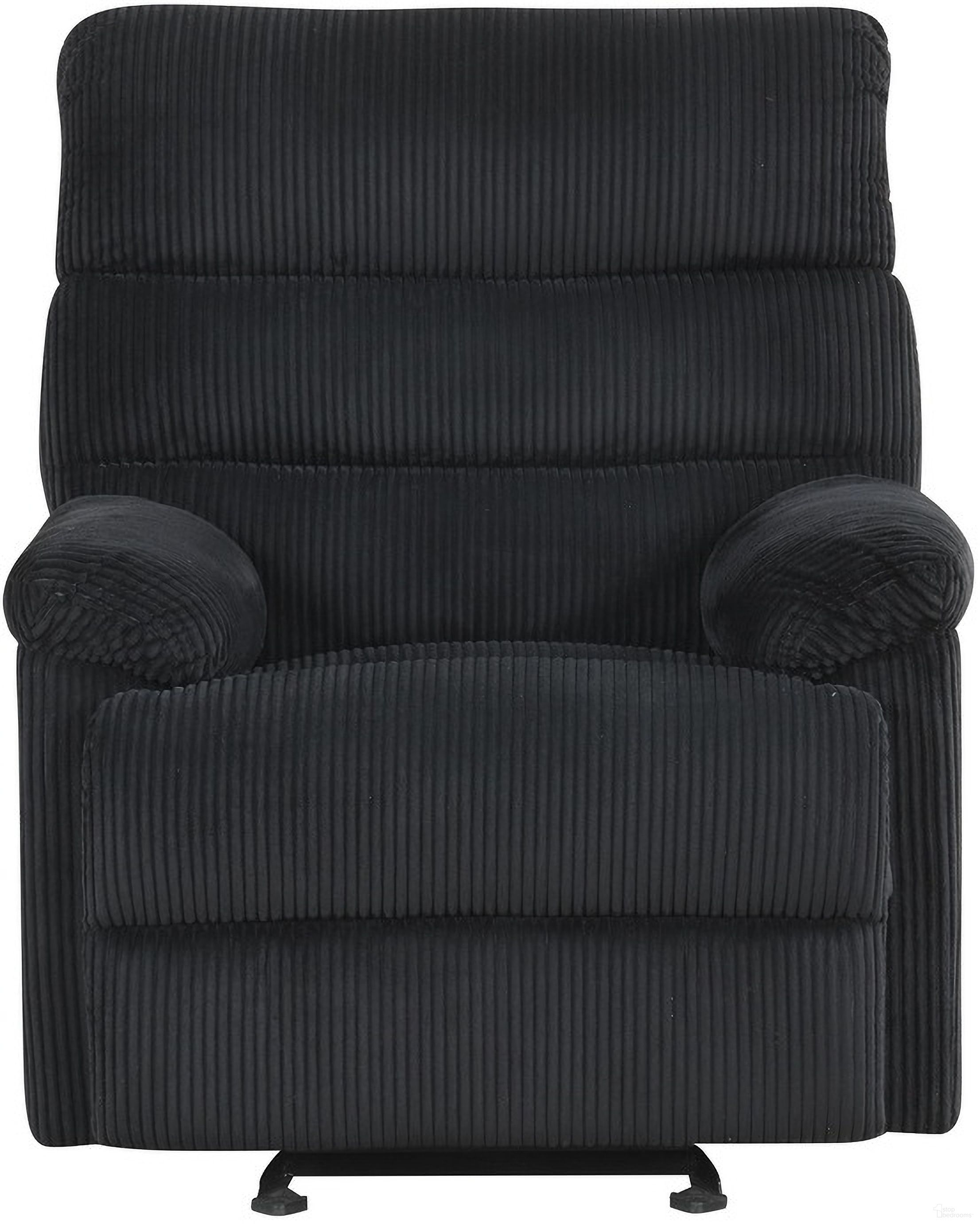The appearance of Lucie Velvet Corded Fabric Glider Recliner in Black designed by Glory in the transitional interior design. This black piece of furniture was selected by 1StopBedrooms from Lucie Collection to add a touch of cosiness and style into your home. Sku: G00250A-RC. Material: Fabric.