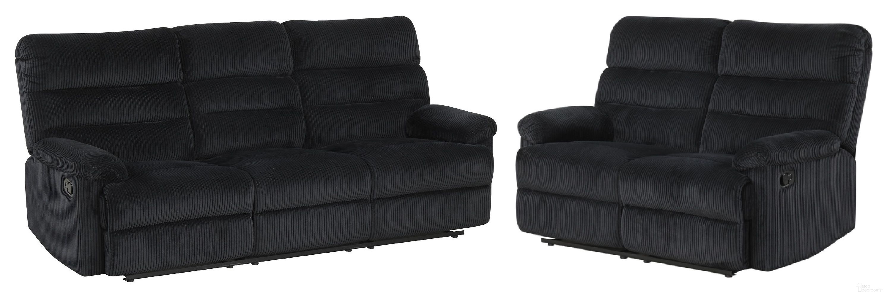 The appearance of Lucie Velvet Corded Fabric Reclining Living Room Set in Black designed by Glory in the transitional interior design. This black piece of furniture was selected by 1StopBedrooms from Lucie Collection to add a touch of cosiness and style into your home. Sku: G00250A-RS;G00250A-RL. Material: Fabric.