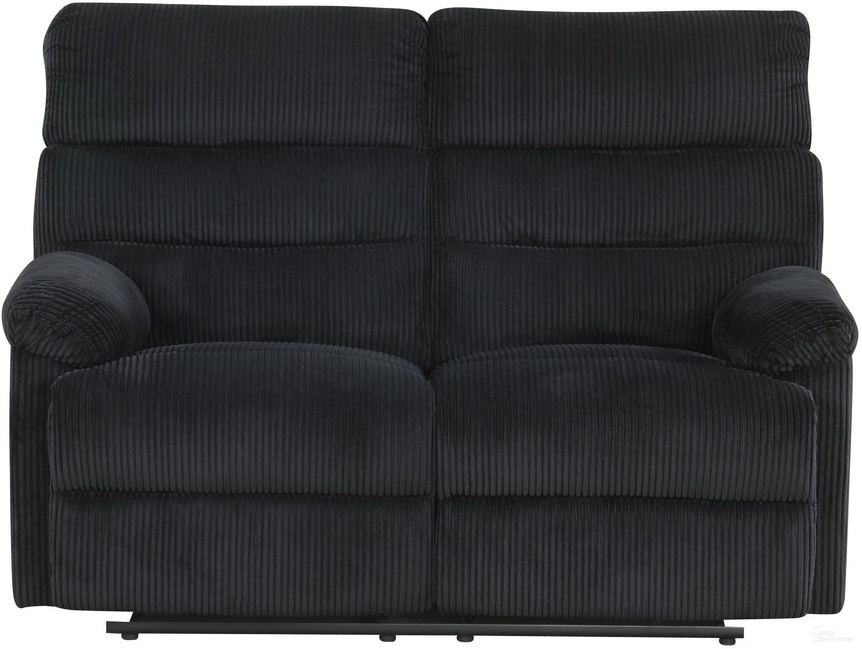 The appearance of Lucie Velvet Corded Fabric Reclining Loveseat in Black designed by Glory in the transitional interior design. This black piece of furniture was selected by 1StopBedrooms from Lucie Collection to add a touch of cosiness and style into your home. Sku: G00250A-RL. Material: Fabric.