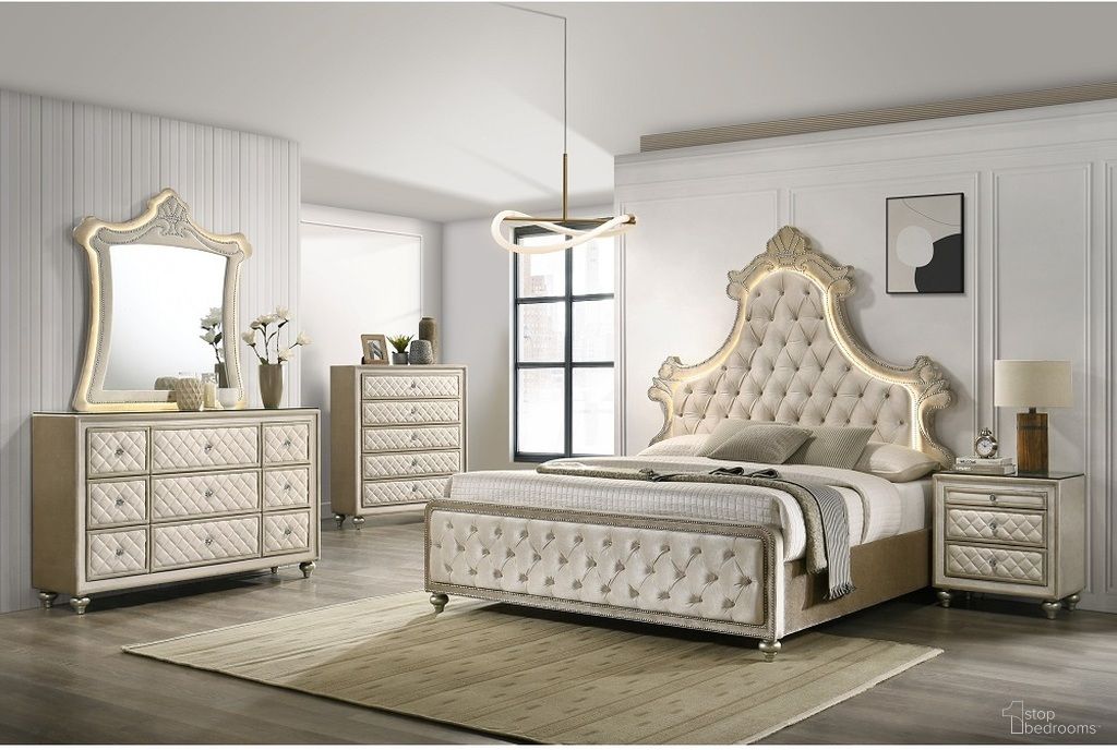 Lucienne Bedroom Set with LED In Beige Velvet