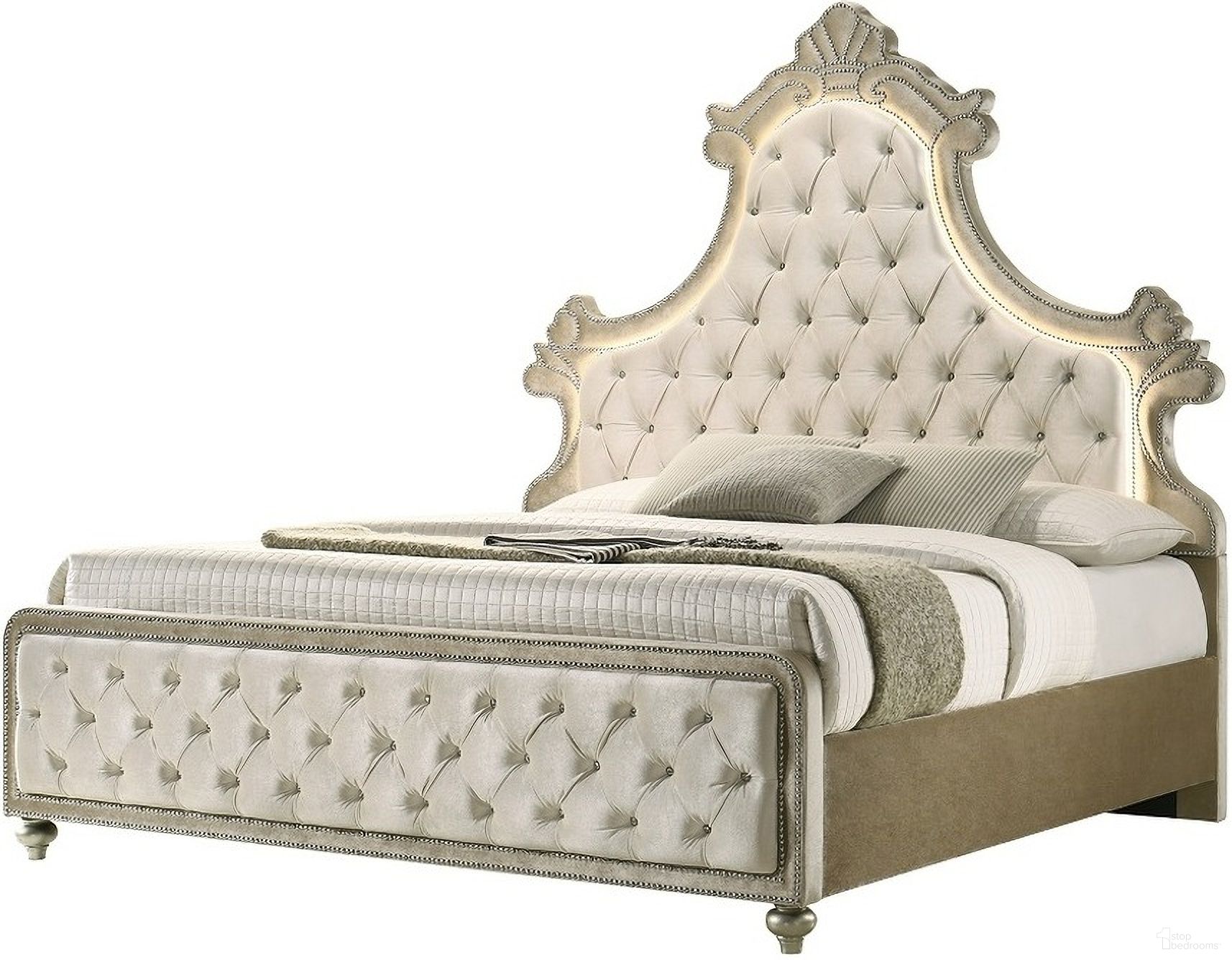 The appearance of Lucienne Eastern King Bed with LED In Beige Velvet designed by ACME in the modern / contemporary interior design. This beige velvet piece of furniture  was selected by 1StopBedrooms from Lucienne Collection to add a touch of cosiness and style into your home. Sku: BD02334EK1;BD02334EK2;BD02334EK3. Material: Wood. Bed Size: King.