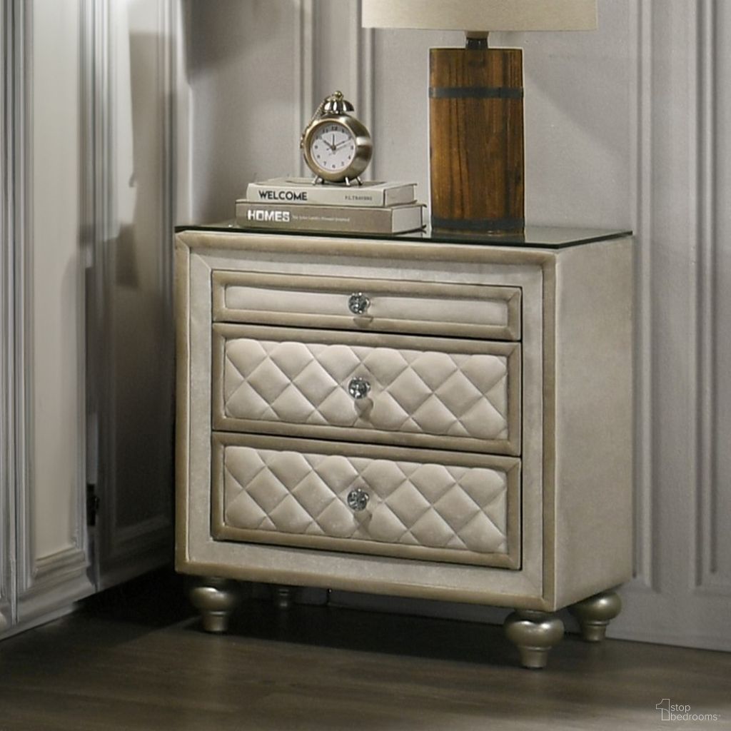 The appearance of Lucienne Nightstand In Beige Velvet designed by ACME in the modern / contemporary interior design. This beige velvet piece of furniture was selected by 1StopBedrooms from Lucienne Collection to add a touch of cosiness and style into your home. Sku: BD02336. Material: Wood.