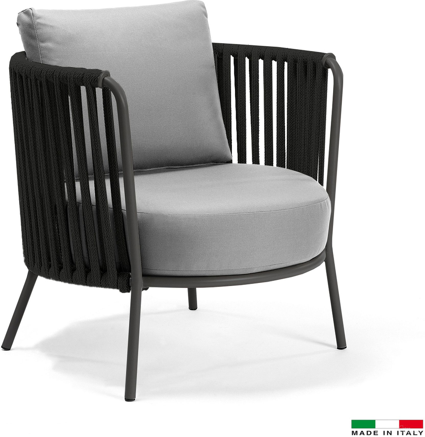The appearance of Lucy Accent Chair In Grey Frame with Black Rope and Grey Cushions designed by Bellini Modern Living in the modern / contemporary interior design. This grey piece of furniture  was selected by 1StopBedrooms from Lucy Collection to add a touch of cosiness and style into your home. Sku: Lucy ACHR GRY-BLK GRY. Material: Metal.