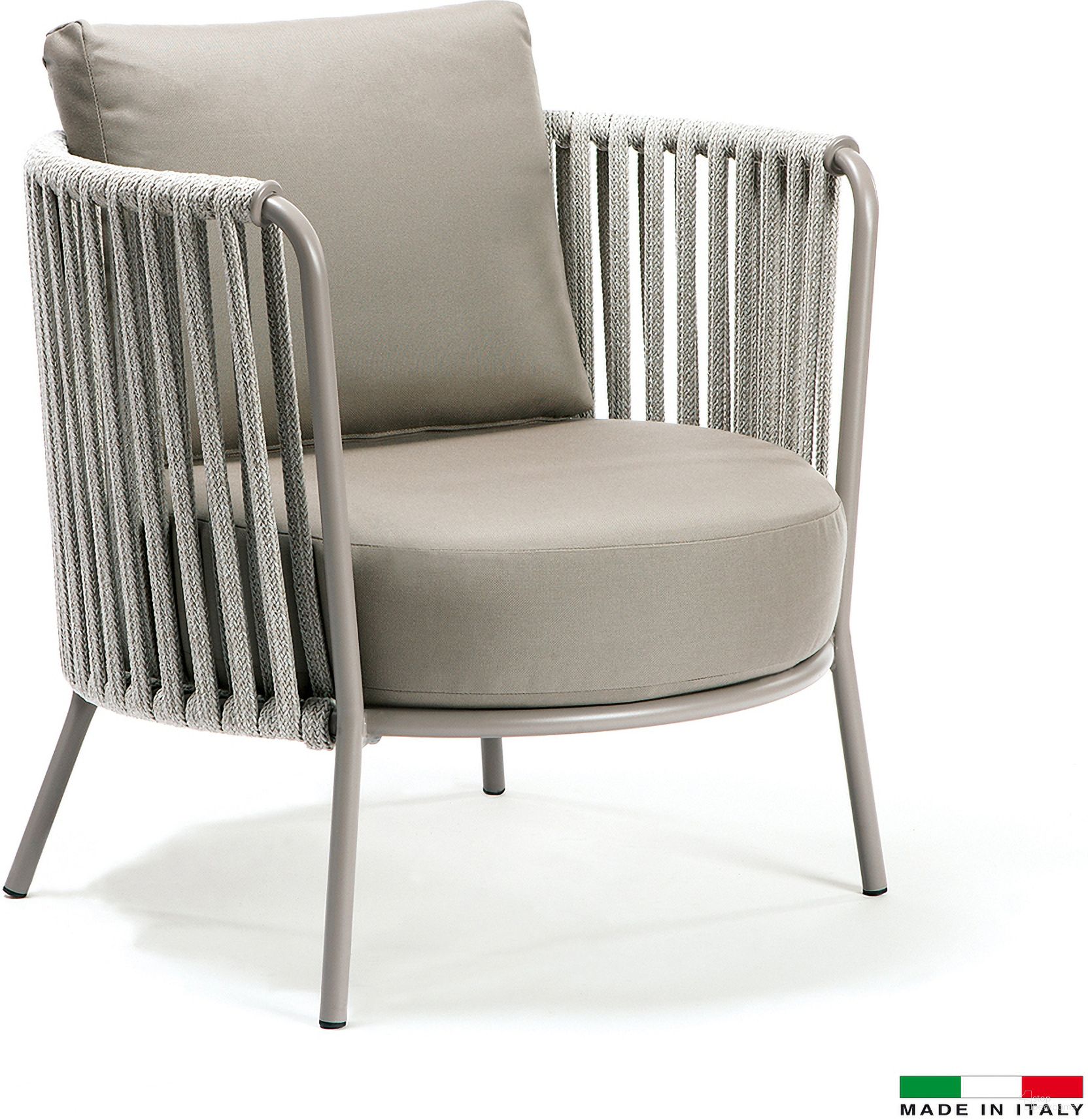 The appearance of Lucy Accent Chair In Mud Grey Frame with Mud Grey Rope and Taupe Cushions designed by Bellini Modern Living in the modern / contemporary interior design. This grey piece of furniture  was selected by 1StopBedrooms from Lucy Collection to add a touch of cosiness and style into your home. Sku: Lucy ACHR MGRY-MGRY TPE. Material: Metal.