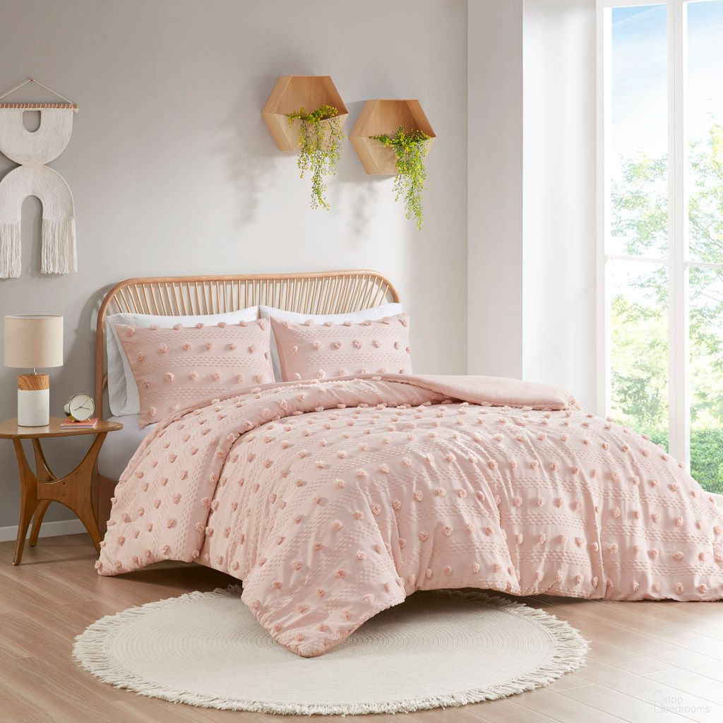 The appearance of Lucy Clip Jacquard Duvet 3 Piece Full/Queen Cover Set In Pink designed by Olliix in the modern / contemporary interior design. This pink piece of furniture was selected by 1StopBedrooms from Lucy Collection to add a touch of cosiness and style into your home. Sku: ID12-2195. Material: Polyester. Bed Size: Full.