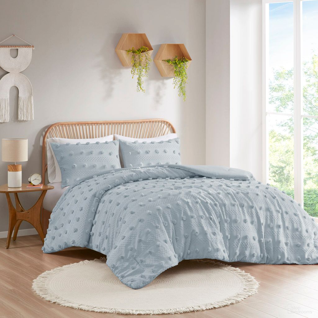 The appearance of Lucy Clip Jacquard 3 Piece Full/Queen Comforter Set In Blue designed by Olliix in the modern / contemporary interior design. This blue piece of furniture was selected by 1StopBedrooms from Lucy Collection to add a touch of cosiness and style into your home. Sku: ID10-2375. Material: Polyester. Bed Size: Full.