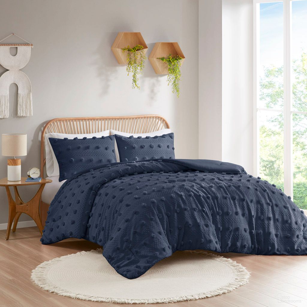 The appearance of Lucy Clip Jacquard 3 Piece King/Cal King Comforter Set In Navy designed by Olliix in the modern / contemporary interior design. This navy piece of furniture was selected by 1StopBedrooms from Lucy Collection to add a touch of cosiness and style into your home. Sku: ID10-2279. Material: Polyester. Bed Size: King.