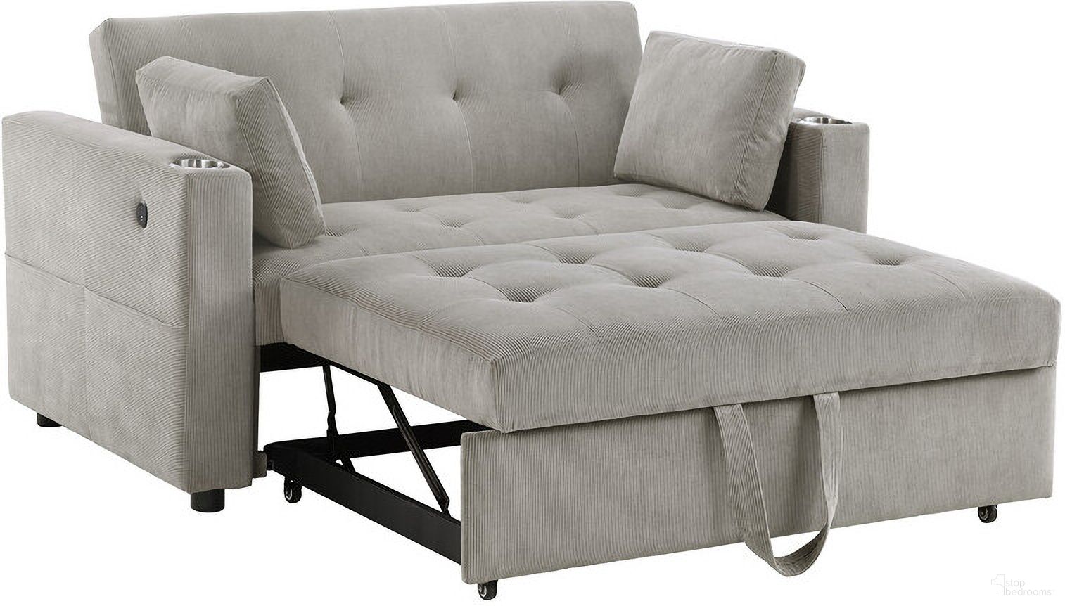 The appearance of Luelle 57 Inch Corduroy Convertible Sleeper Loveseat with Cupholders and USB Ports In Gray designed by Lilola Home in the modern / contemporary interior design. This gray piece of furniture  was selected by 1StopBedrooms from Luelle Collection to add a touch of cosiness and style into your home. Sku: 89341. Material: Wood.
