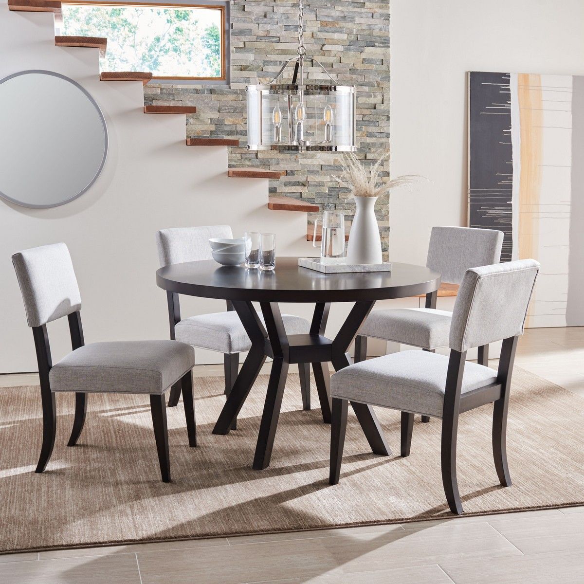 The appearance of Luis Round Wood Dining Room Set In Dark Brown designed by Safavieh Couture in the transitional interior design. This dark brown piece of furniture  was selected by 1StopBedrooms from Luis Collection to add a touch of cosiness and style into your home. Sku: SFV2106A-2BX;SFV2107A-SET2. Table Top Shape: Round. Material: Wood. Size: 48".