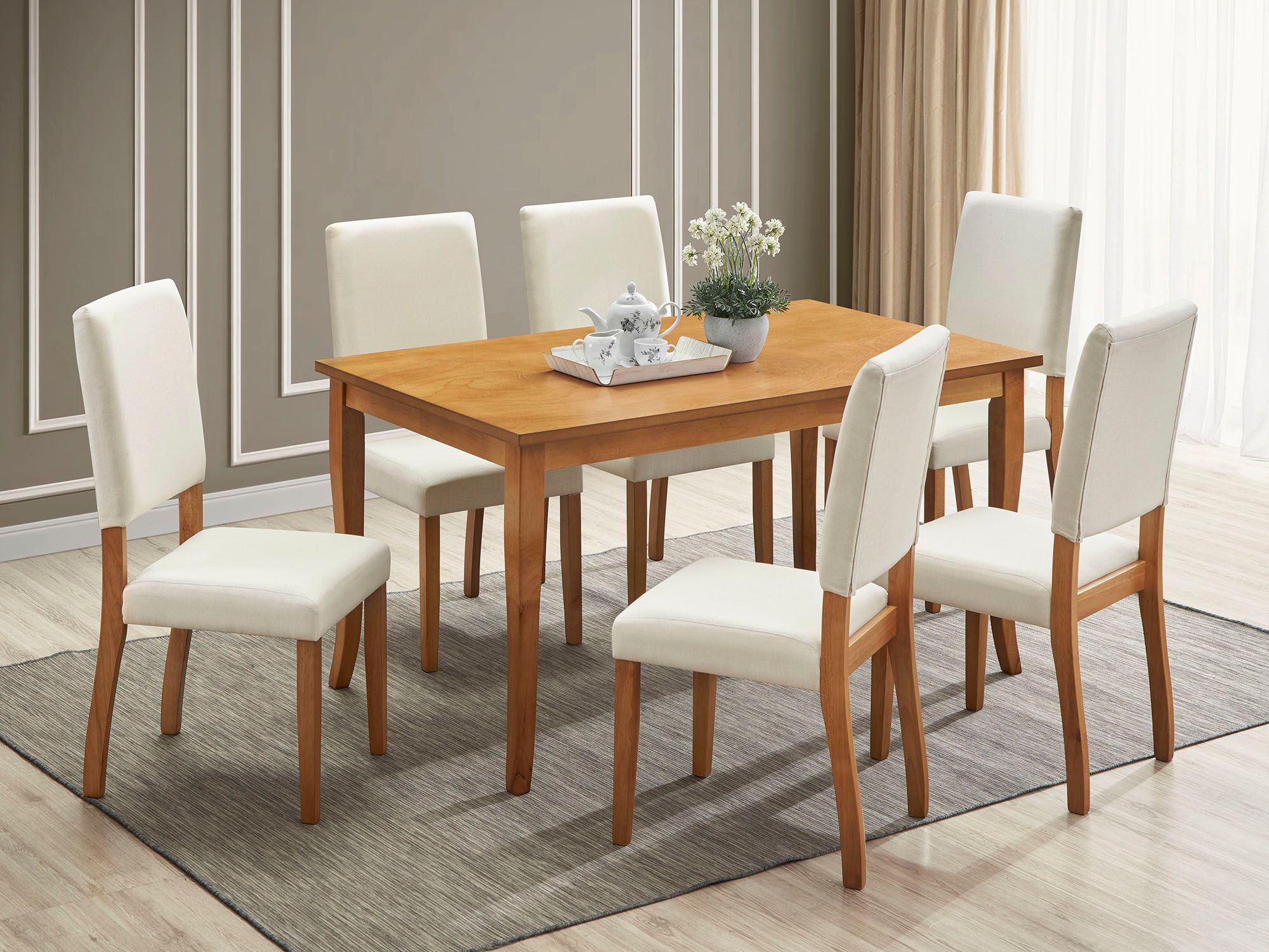 The appearance of Lulu 7- Piece Dining Set In Teak and White designed by Iconic Furniture in the transitional interior design. This teak and white piece of furniture  was selected by 1StopBedrooms from Urbana Collection to add a touch of cosiness and style into your home. Sku: LULU-TEAK-PL008-7PC. Table Base Style: Legs. Table Top Shape: Rectangular. Material: Rubberwood.