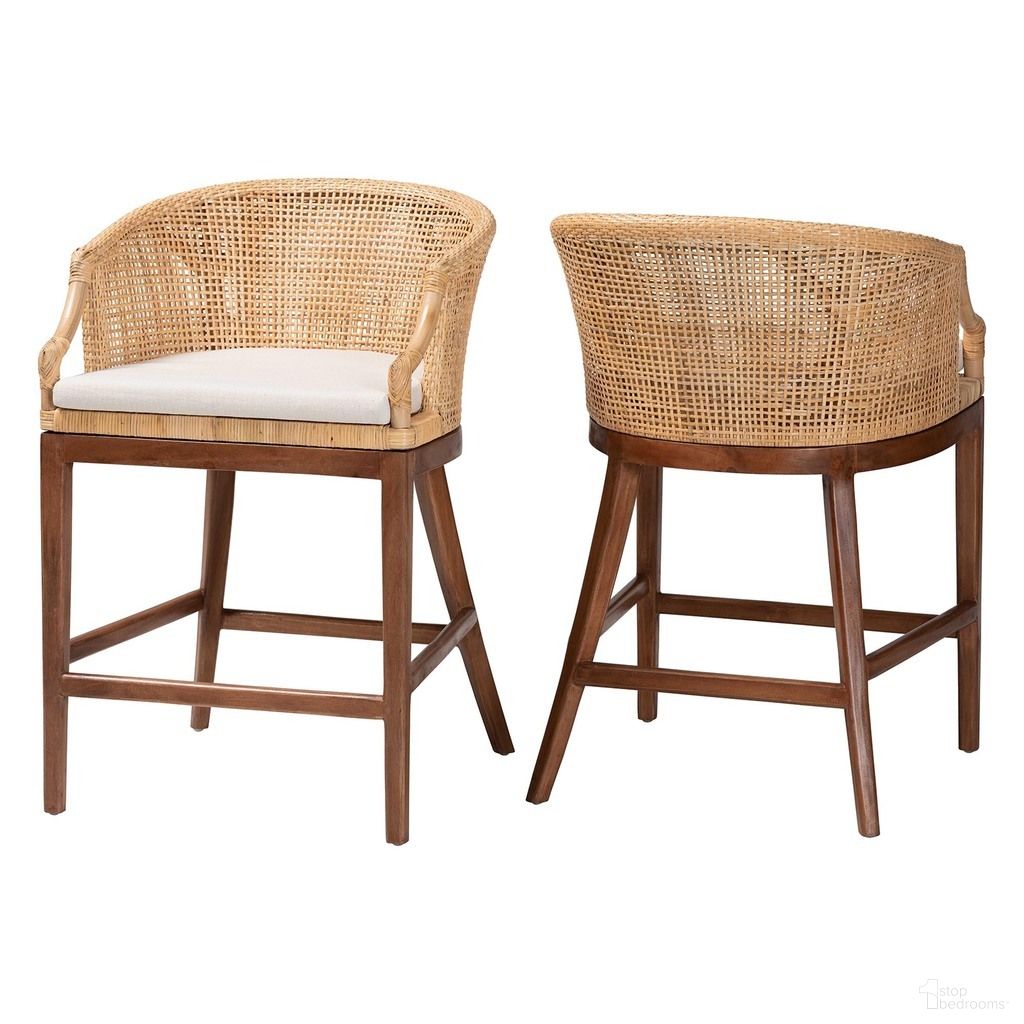 Lumajang Rattan and Wood Counter Stool Set of 2 In Light Honey and White