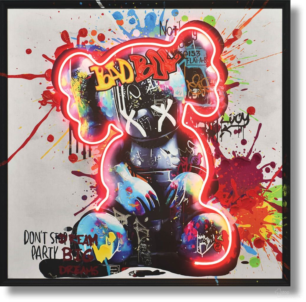 Luminous Graffiti Bear Mixed Media Art Canvas Neon Wall Art In Multi