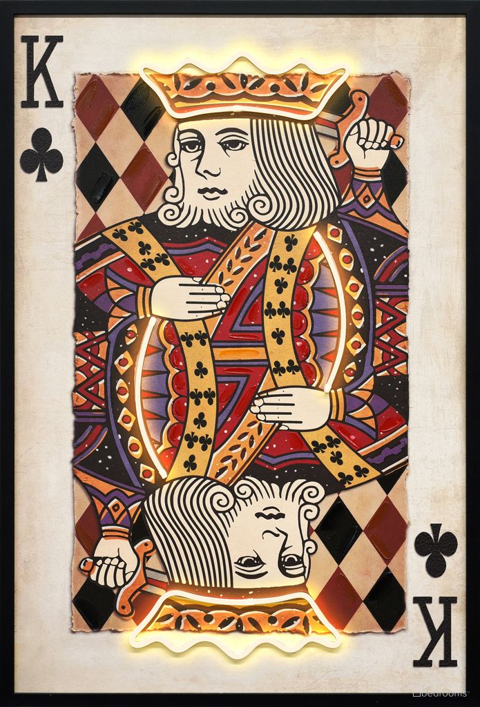 Luminous Royal Card I - 37" x 25" - Hand-Embellished LED Canvas In Black/Gold/Red