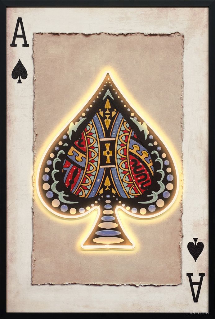 Luminous Royal Card II - 37" x 25" - Hand-Embellished LED Canvas In Black and Beige