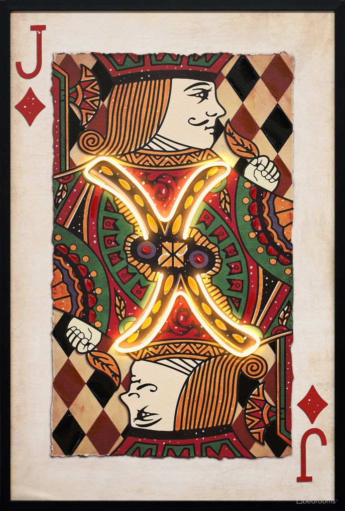 Luminous Royal Card III - 37" x 25" - Hand-Embellished LED Canvas In Red/Green/Black