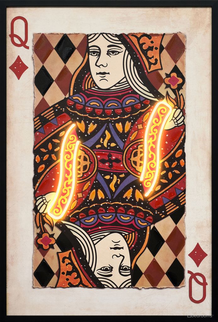 Luminous Royal Card IV - 37" x 25" - Hand-Embellished LED Canvas In Red/Orange/Blue