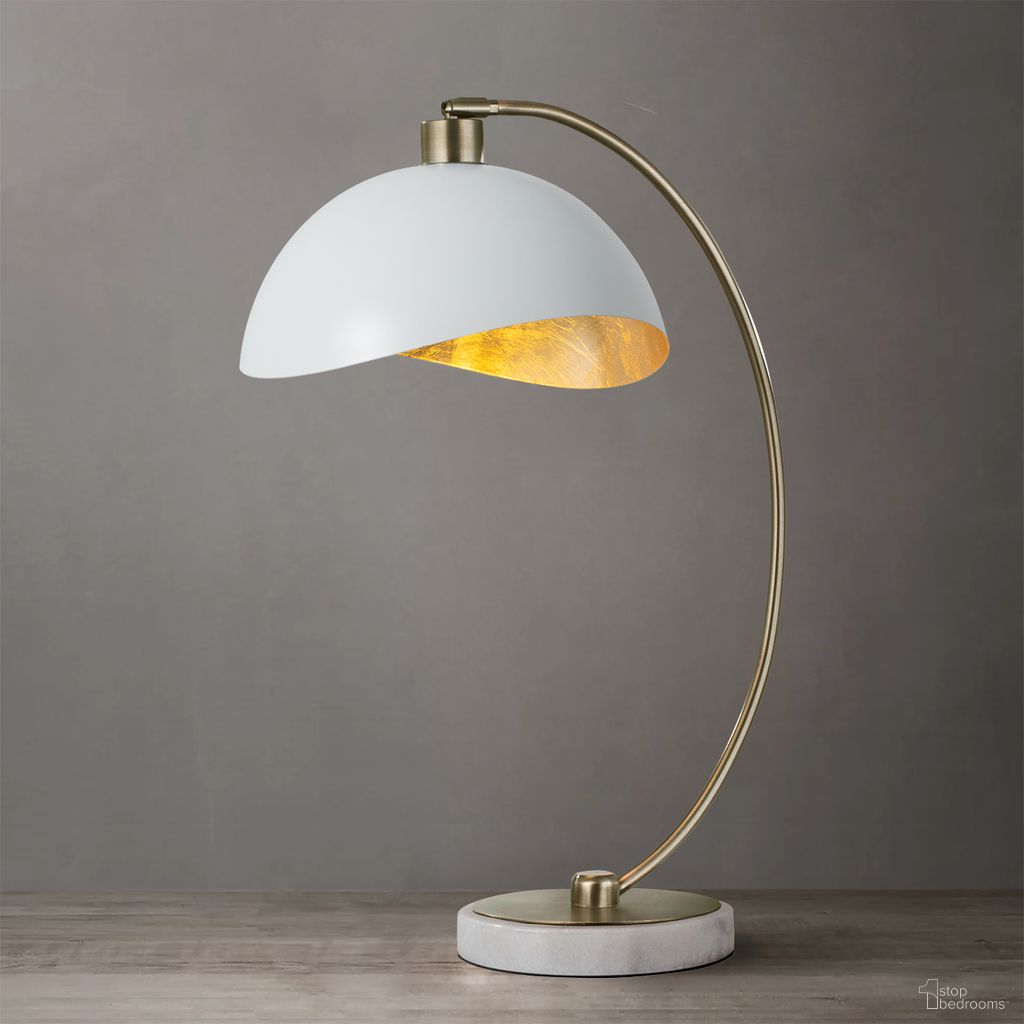 The appearance of Luna Bella Gold Leaf Shade 28 Inch Table Lamp In Weathered Brass and Matte White designed by Nova Of California in the transitional interior design. This weathered brass/white piece of furniture was selected by 1StopBedrooms from Luna Bella Collection to add a touch of cosiness and style into your home. Sku: 1011017WH. Material: Steel.