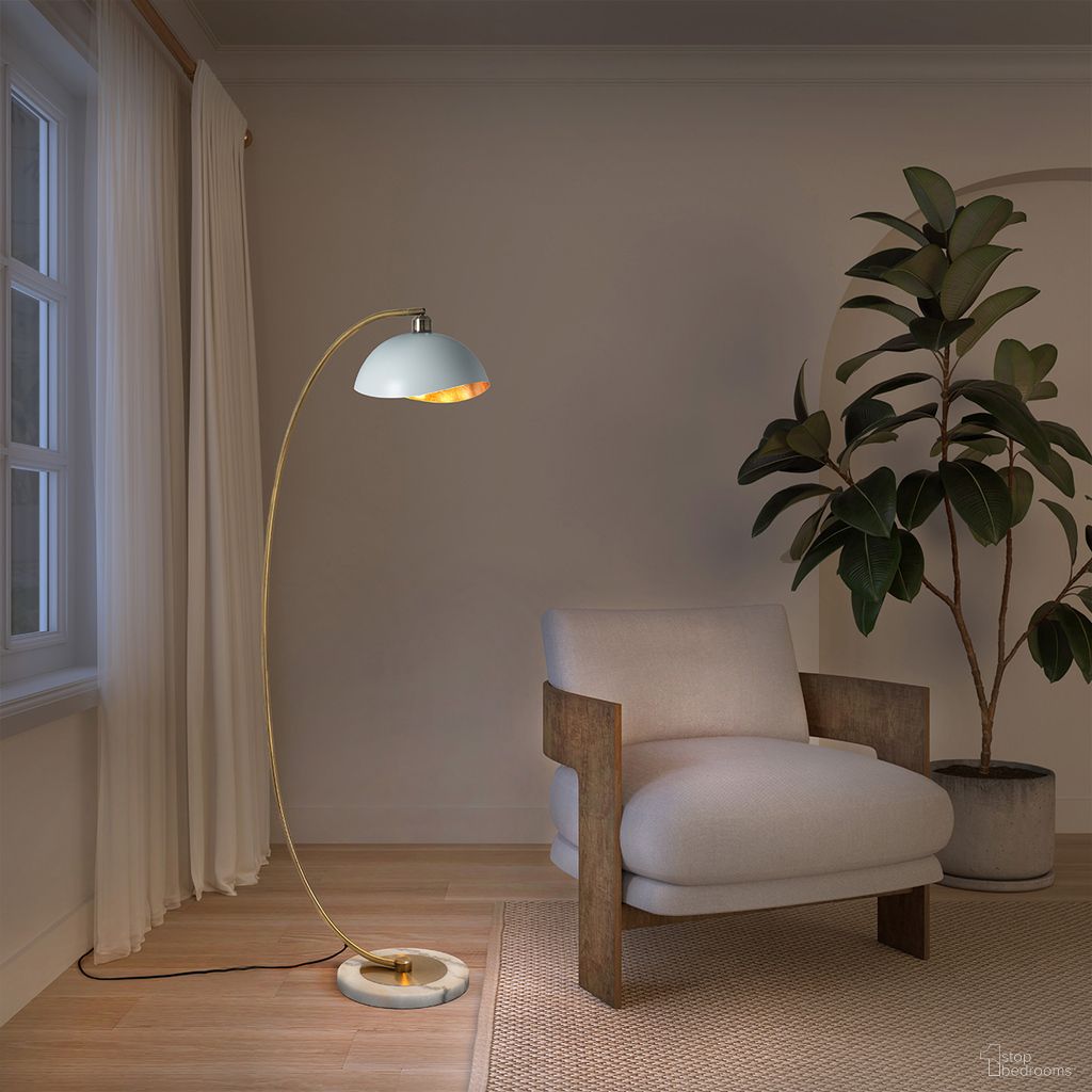 The appearance of Luna Bella Gold-Leaf Shade 60 Inch Chairside Arc Floor Lamp In Weathered Brass and White designed by Nova Of California in the transitional interior design. This weathered brass/white piece of furniture was selected by 1StopBedrooms from Luna Bella Collection to add a touch of cosiness and style into your home. Sku: 2110744WG. Material: Steel.