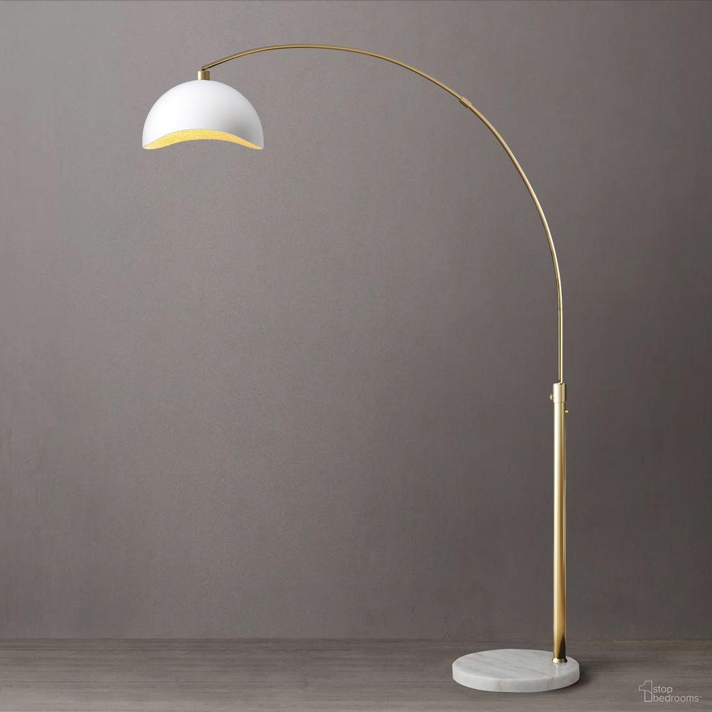 The appearance of Luna Bella Gold Leaf Shade 92 Inch Arc Floor Lamp In Weathered Brass and White designed by Nova Of California in the transitional interior design. This weathered brass/white piece of furniture  was selected by 1StopBedrooms from Luna Bella Collection to add a touch of cosiness and style into your home. Sku: 2111017WH. Material: Steel.