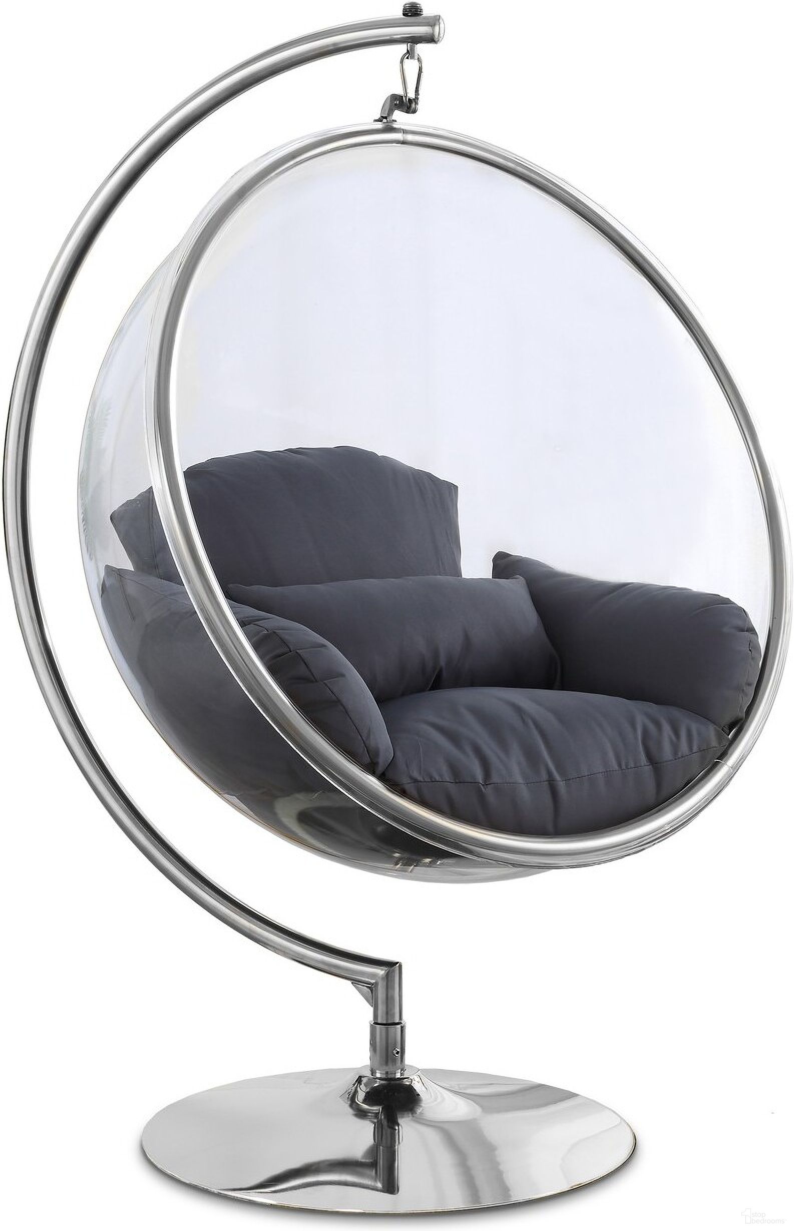 The appearance of Luna Durable Fabric Acrylic Swing Chair In Grey designed by Meridian in the modern / contemporary interior design. This grey piece of furniture was selected by 1StopBedrooms from Luna Collection to add a touch of cosiness and style into your home. Sku: 507Grey Box 1/2 (Ball / Cushion / Pillow / Fur Fabric);507Grey Box 2/2 (Pole / Base). Material: Stainless Steel.