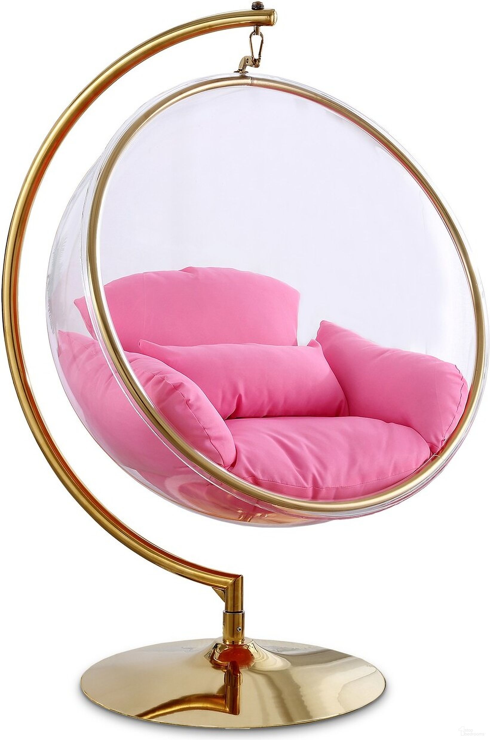 The appearance of Luna Fabric Acrylic Swing Bubble Accent Chair In Pink designed by Meridian in the modern / contemporary interior design. This pink piece of furniture  was selected by 1StopBedrooms from Luna Collection to add a touch of cosiness and style into your home. Sku: 508Pink Box 1/2 (Ball / Cushion / Pillow / Fur Fabric);508Pink Box 2/2 (Pole / Base). Material: Stainless Steel.