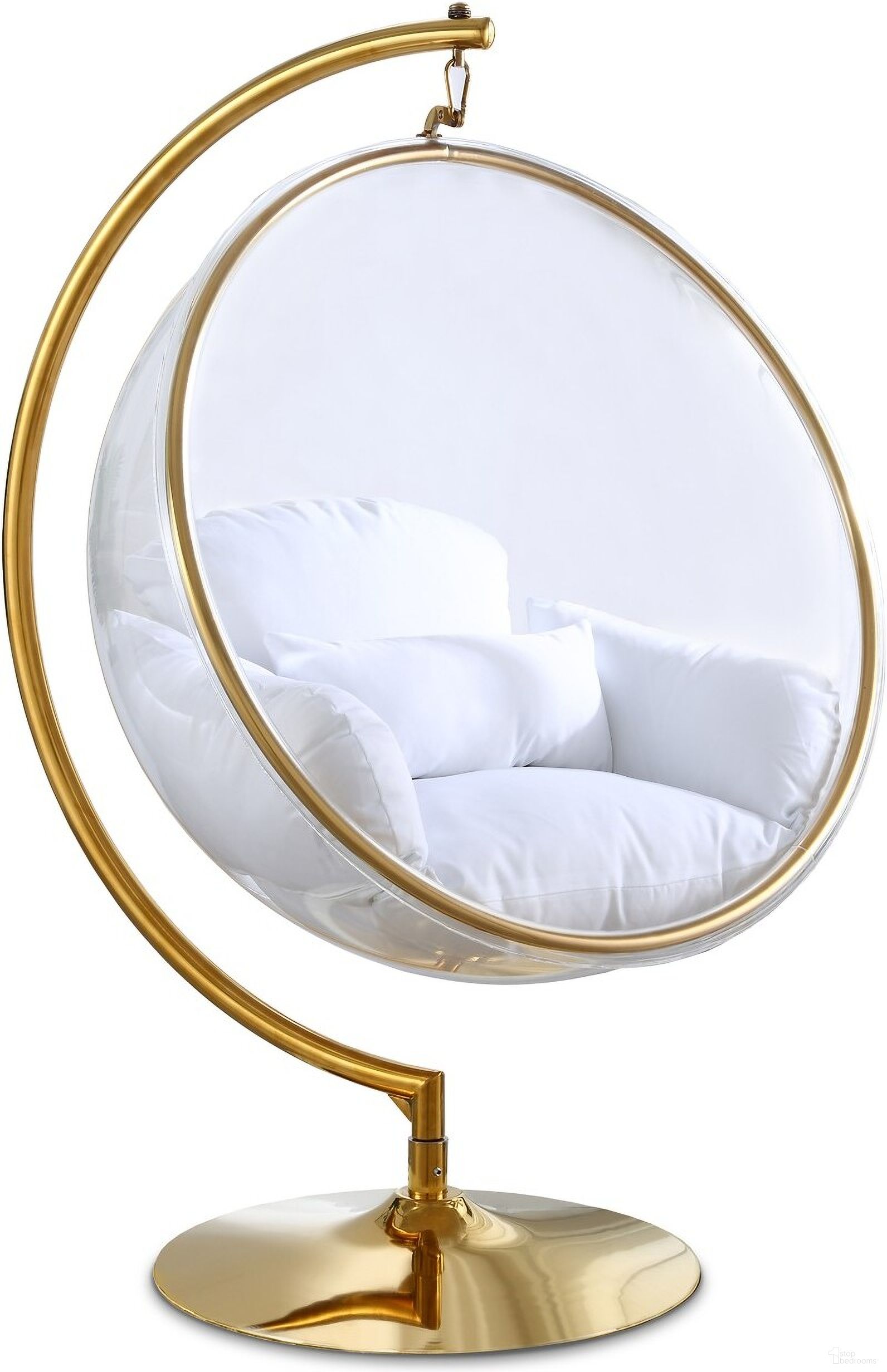 The appearance of Luna Fabric Acrylic Swing Bubble Accent Chair In White designed by Meridian in the modern / contemporary interior design. This white piece of furniture  was selected by 1StopBedrooms from Luna Collection to add a touch of cosiness and style into your home. Sku: 508White Box 1/2 (Ball / Cushion / Pillow / Fur Fabric);508White Box 2/2 (Pole / Base). Material: Stainless Steel.